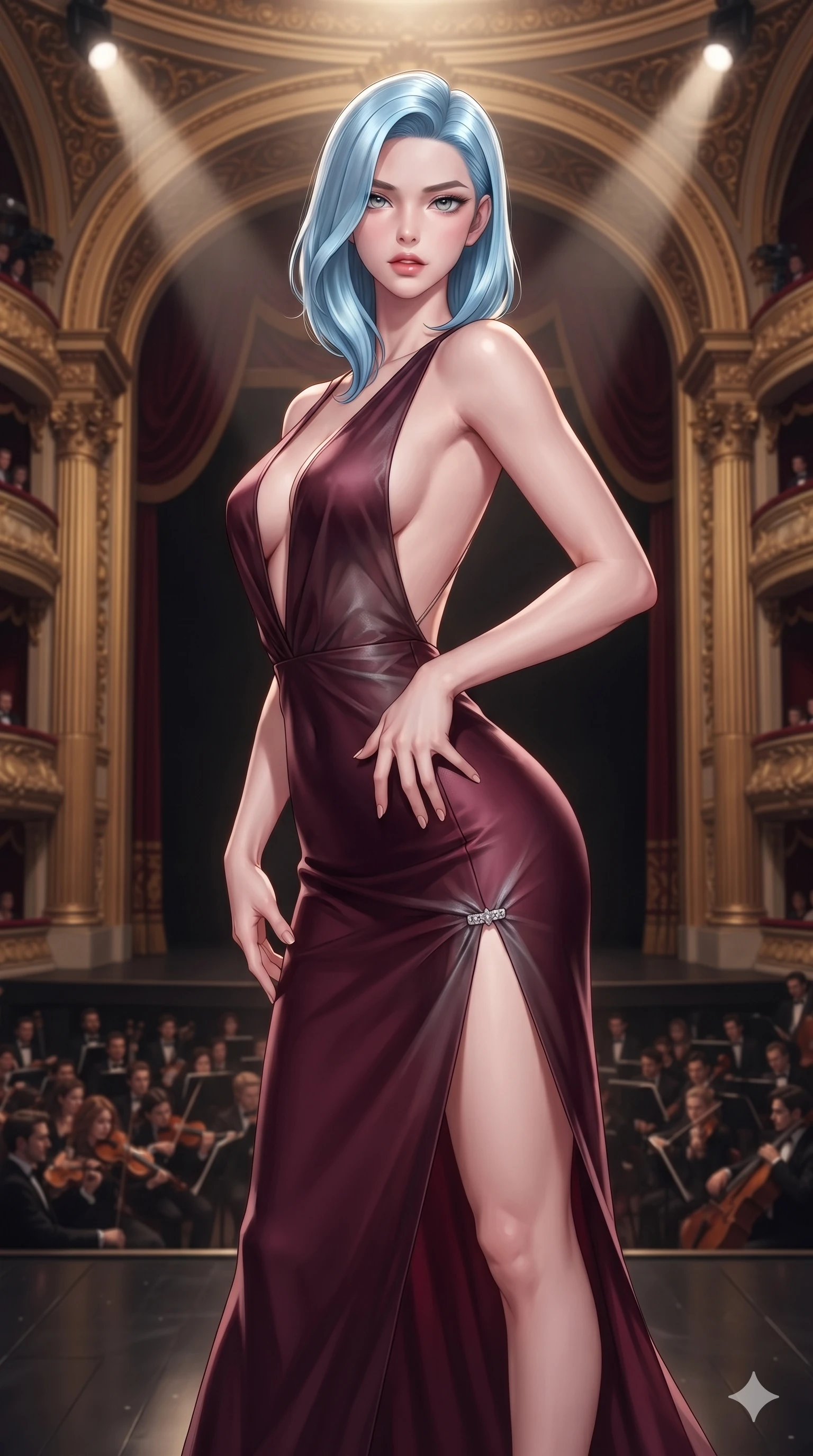 score_9, masterpiece, best quality, ultra-detailed, high-budget anime keyframe, semi-realistic 3D game render, editorial fashion photography, tasteful artistic composition, Korean woman. close-up cowboy shot from the waist and thighs up, the character dominates the composition, filling the frame with her large presence. resting one manicured hand delicately on her hip bone, her upper body turning in a fluid, seductive S-curve while parted lips glisten in the light while standing poised at the center of the dark lacquered stage beneath monumental gilded proscenium arches, arching her back with sovereign diva charisma as theatrical spotlights converge. The surrounding environment is rendered in vivid detail and crisp panoramic clarity: detailed anime keyframe lines, rich fabric textures, and monumental royal opera architecture in razor-sharp precision. She has an exceptionally elegant, slender, and willowy female figure with an ultra-slim waist, flat toned midriff, narrow ribcage, and sculpted feminine hips creating an alluring, slim hourglass silhouette without bulk. sharp v-shaped jawline, high-bridge nose, intricate jewel-like eyes with depth, thick eyelashes, glossy parted lips with a natural sheen, intensely captivating and seductive bedroom-eyes expression, flawlessly proportioned anatomical accuracy, strict slender model proportions, natural body alignment, perfectly sculpted long slender limbs, ultra-slim waistline, clean dynamic posture without body distortion. wearing a liquid-silk jersey evening gown with an ultra-deep plunging open back descending to the base of her spine and a sculpted hip-hugging skirt in deep wine burgundy and brushed dark platinum, crafted from translucent silk organza with an ethereal crystalline sheen, finished with an ultra-high side slit secured by miniature jeweled clasps, the glove-like clinging cut tightly following the natural contour of her hips and long slender legs with youthful 8.5-heads elegance. highly saturated vibrant anime colors, dramatic stage rim lights sculpting her razor-sharp jawline and feminine curves. highly saturated vibrant anime colors, detailed shading with soft gradients, rich glossy textures, high-contrast stereoscopic depth, volumetric dynamic lighting, master piece, 9:16 ratio