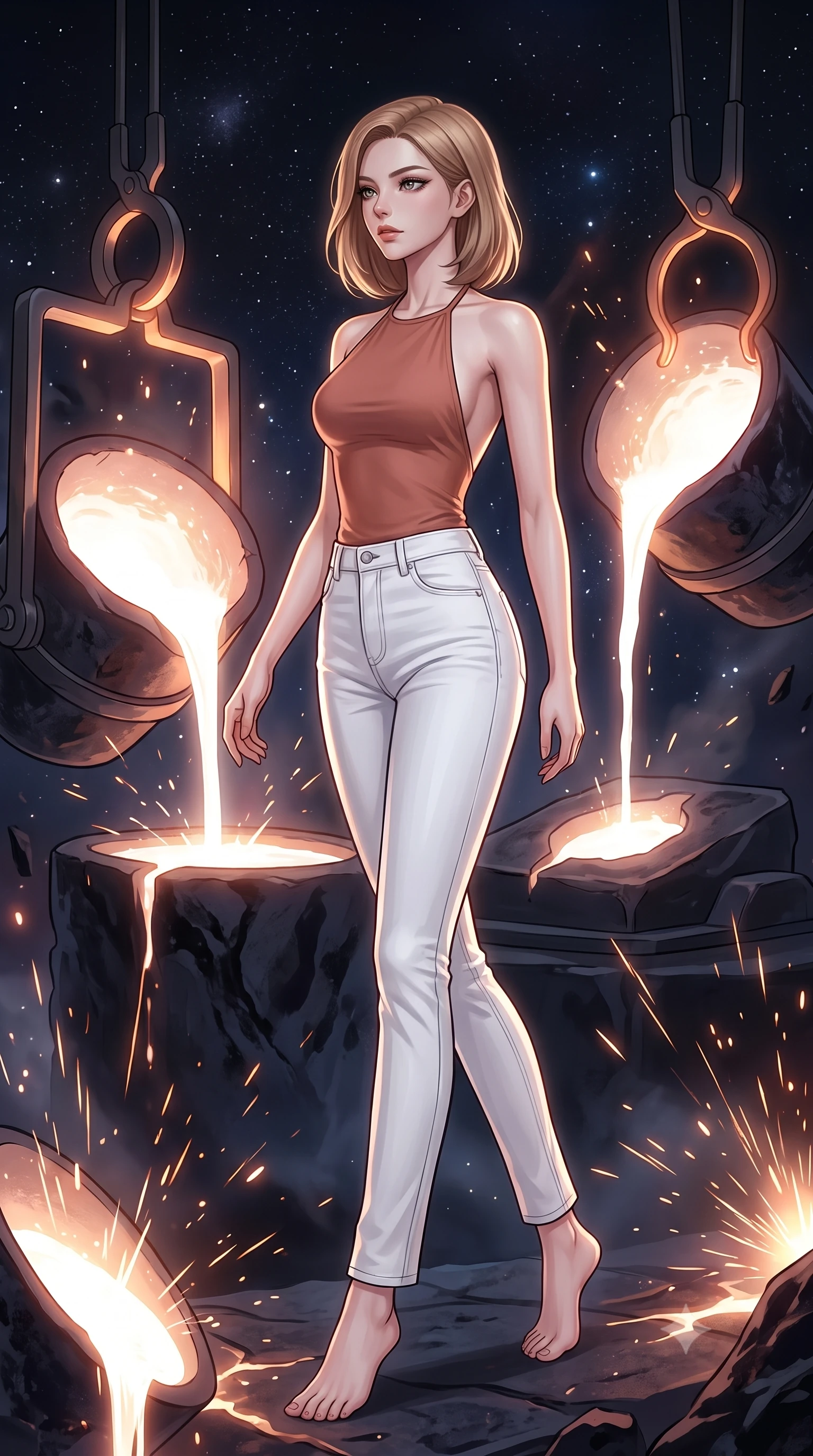 score_9, masterpiece, best quality, ultra-detailed, high-budget anime keyframe, editorial fashion photography, tasteful artistic composition, Korean woman. low angle full-body shot from head to toe showing her feet, filling the entire 9:16 vertical frame with her statuesque presence, stretching her vertical silhouette. navigating with fluid motion through a cosmic smithy where new stars are forged in massive crucibles of dark matter molten stellar material glowing white-hot as it is poured into celestial molds by gravitational tongs sparks of nuclear fusion flying. She has a statuesque 8.5-heads proportion, an exceptionally tall, slender and willowy model-like build with impossibly long legs and a highly sculpted ultra-slim waist. sharp v-shaped jawline, high-bridge nose, intricate jewel-like eyes with depth, thick eyelashes, glossy lips with a natural sheen. wearing a backless halter-neck top in muted terracotta, paired with high-waisted white denim trousers. soft glowing ambient light with sharp side key light tracing the sleek contours of her figure. 2k, ultra detail, master piece, 9:16 ratio