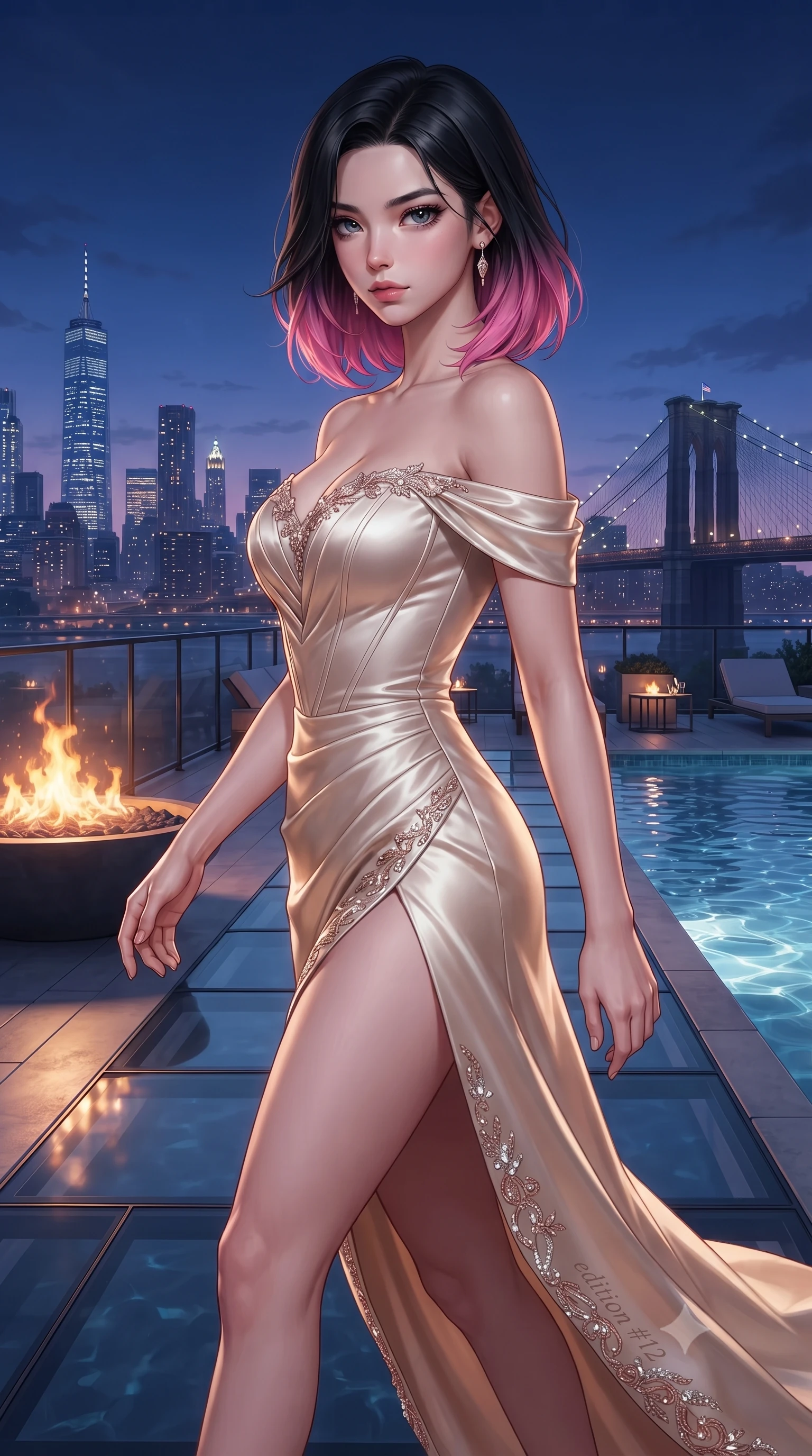 score_9, masterpiece, best quality, ultra-detailed, high-budget anime keyframe, editorial fashion photography, tasteful artistic composition, Korean woman. close-up cowboy shot from the waist and thighs up, the character dominates the composition, filling the frame with her large presence. turning over her shoulder with an indomitable, smoldering gaze, her soft hair framing her razor-sharp v-shaped jawline while striding along the illuminated glass deck with effortless high-fashion authority and statuesque poise. The surrounding environment is rendered in vivid detail and crisp panoramic clarity. detailed skyscraper skyline panoramas, distant suspension bridges, and pool water ripples in high resolution. She has an exceptionally elegant, slender, and willowy female figure with an ultra-slim waist, a gracefully sculpted slender torso, toned flat midriff, and a refined slim silhouette. sharp v-shaped jawline, high-bridge nose, intricate jewel-like eyes with depth, thick eyelashes, glossy lips with a natural sheen, captivating and magnetic expression, flawlessly proportioned anatomical accuracy, strict slender model proportions, natural body alignment, perfectly sculpted long slender limbs, ultra-slim waistline, clean dynamic posture without body distortion. wearing a statuesque off-shoulder champagne satin gala dress featuring a thigh-high side slit and draped corset bodice in champagne ivory and rose gold, tailored from ultra-smooth duchess satin with a pearlescent sheen, finished with delicate crystal embroidery along the neckline and hem edition #12, the form-contouring material adhering flawlessly to her sculpted flat midriff and slender torso, emphasizing her long leg lines and perfectly proportioned willowy build. bathed in twilight indigo sky tones and warm amber rooftop fire pit glow. ultra-reflective glossy finish, specular highlights, rich textural contrasts, high-contrast stereoscopic depth, volumetric dynamic lighting, 2k, ultra detail, master piece, 9:16 ratio