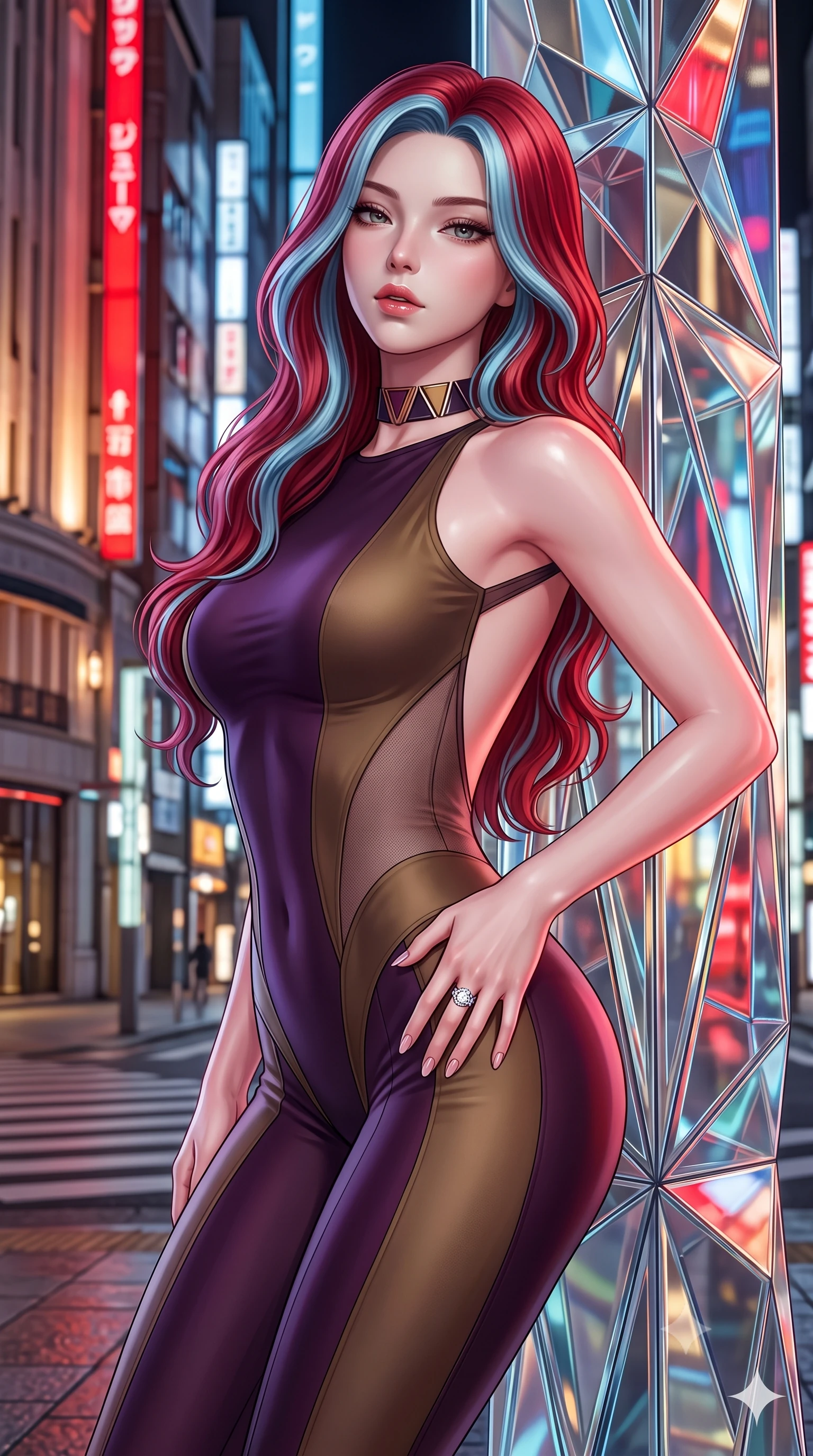 score_9, masterpiece, best quality, ultra-detailed, high-budget anime keyframe, semi-realistic 3D game render, editorial fashion photography, tasteful artistic composition, Caucasian woman. close-up cowboy shot from the waist and thighs up, the character dominates the composition, filling the frame with her large presence. resting one manicured hand delicately on her hip bone, her upper body turning in a fluid, seductive S-curve while parted lips glisten in the light while leaning against a multi-faceted crystalline glass pillar inspired by origami folds, arching her lower back with high-fashion sovereign poise. The surrounding environment is rendered in vivid detail and crisp panoramic clarity. detailed couture fabric textures, glossy skin highlights, and Tokyo Ginza streetscape clarity in high resolution. She has an exceptionally elegant, slender, and willowy female figure with an ultra-slim waist, flat toned midriff, narrow ribcage, and sculpted feminine hips creating an alluring, slim hourglass silhouette without bulk. sharp v-shaped jawline, high-bridge nose, intricate jewel-like eyes with depth, thick eyelashes, glossy parted lips with a natural sheen, intensely captivating and seductive bedroom-eyes expression, flawlessly proportioned anatomical accuracy, strict slender model proportions, natural body alignment, perfectly sculpted long slender limbs, ultra-slim waistline, clean dynamic posture without body distortion. wearing a second-skin compression catsuit with an open back and sheer mesh side waist contouring in deep plum violet and antique bronze, made of fluid silk crepe with delicate inner corsetry boning, complemented by a bold geometric choker and sparkling cocktail ring, the second-skin form-contouring cut accentuating her sculpted flat midriff, narrow delicate ribcage, and gracefully curvy hips with supermodel precision. bathed in pure, diffused designer architectural lighting and vibrant Tokyo street neon reflections. highly saturated vibrant anime colors, detailed shading with soft gradients, rich glossy textures, high-contrast stereoscopic depth, volumetric dynamic lighting, master piece, 9:16 ratio