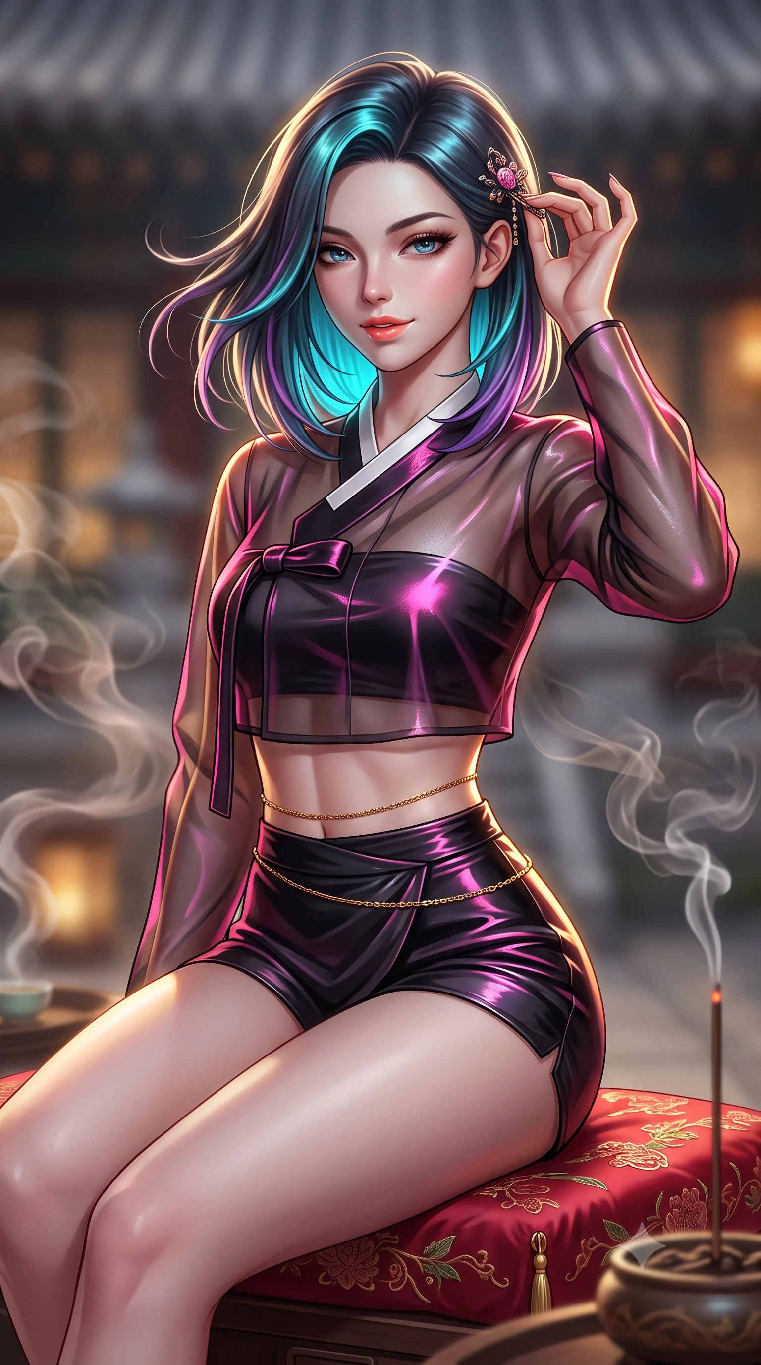 score_9, masterpiece, best quality, ultra-detailed, high-budget anime keyframe, semi-realistic 3D game render, editorial fashion photography, tasteful artistic composition, Caucasian woman. close-up cowboy shot from the waist and thighs up, the character dominates the composition, filling the frame with her large presence. turning slowly with an enchanting smoldering smile, her glossy hair tossing in the breeze as her hips angle gracefully in a captivating contrapposto while sitting perched gracefully on an embroidered red silk hassock, one hand adjusting her hairpin with sovereign high-society allure. The background shows a soft-focus swirling tea steam, burning agarwood incense, and distant palace courtyards blurred into amber, charcoal, and pearl bokeh. She has an exceptionally elegant, slender, and willowy female figure with an ultra-slim waist, flat toned midriff, narrow ribcage, and sculpted feminine hips creating an alluring, slim hourglass silhouette without bulk. sharp v-shaped jawline, high-bridge nose, sparkling eyes with hypnotic seductive depth, thick curled eyelashes, glossy parted lips with a natural dewy peach sheen, alluring bedroom-eyes with an enchanting coquettish smile, exuding magnetic siren charisma and sophisticated glamour, flawlessly proportioned anatomical accuracy, strict slender model proportions, natural body alignment, perfectly sculpted long slender limbs, ultra-slim waistline, clean dynamic posture without body distortion. wearing a deep V-neck sheer gossamer hanbok blouse layered over an opaque silk bandeau and high-waisted wrap shorts in wet-look onyx black with electric fuchsia reflections, made of delicate semi-sheer Korean gossamer organza with subtle pearlescent glints, finished with a dainty gold belly chain resting across her flat midriff and curving hips, the liquid-tight tailored fabric clinging flawlessly to her narrow waist and rounded feminine hips, emphasizing every millimeter of her sculpted slim hourglass curves without any bulky heaviness. illuminated by lacquer specular highlights and sharp warm-gold rim lights defining her razor-sharp jawline, narrow waist, and curvy hips. highly saturated vibrant anime colors, detailed shading with soft gradients, rich glossy textures, high-contrast stereoscopic depth, volumetric dynamic lighting, master piece, 9:16 ratio