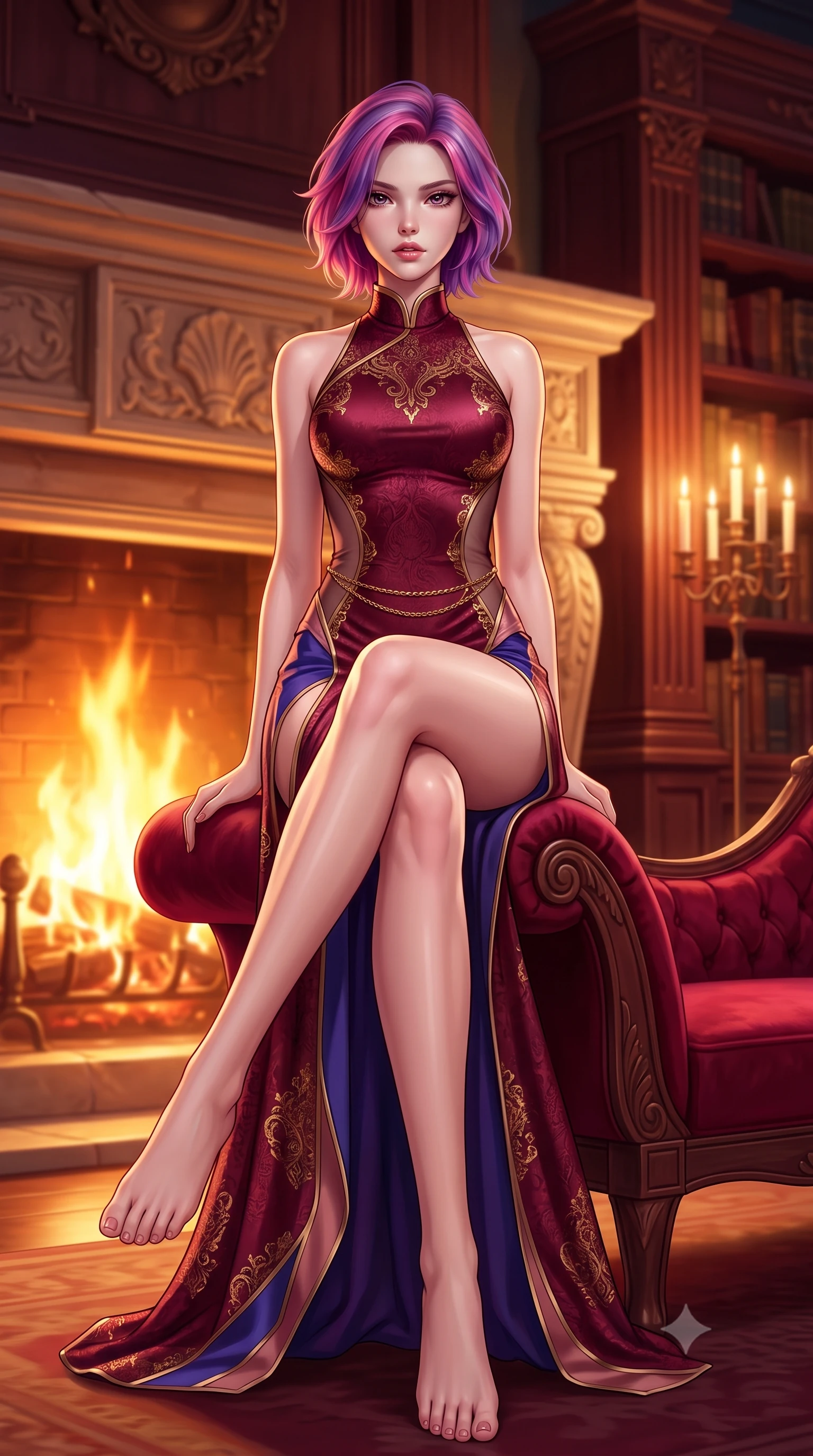 score_9, masterpiece, best quality, ultra-detailed, high-budget anime keyframe, semi-realistic 3D game render, editorial fashion photography, tasteful artistic composition, Caucasian woman. low angle full-body shot from head to toe showing her feet, filling the entire 9:16 vertical frame with her statuesque presence, stretching her vertical silhouette. sitting poised on the elevated edge with legs crossed and extended, her tall 8.5-heads proportions dominating the scene with effortless poise while reclining back into a plush crimson velvet chaise lounge before a roaring stone fireplace, one knee drawn up in seductive ease. The composition keeps background elements in soft focus with creamy bokeh. towering carved mahogany bookshelves and dancing fireplace embers blurred into rich burgundy, amber, and whiskey-gold bokeh. She has an absolutely perfect, statuesque 8.5-heads proportion, an exceptionally tall and slender model-like female figure with impossibly long slender legs, a toned flat midriff, and an ultra-slim waist. sharp v-shaped jawline, high-bridge nose, intricate jewel-like eyes with depth, thick eyelashes, glossy parted lips with a natural sheen, intensely captivating and seductive expression, flawlessly proportioned anatomical accuracy, strict slender model proportions, natural body alignment, perfectly sculpted long slender limbs, ultra-slim waistline, clean dynamic posture without body distortion. wearing a high-collar burgundy duchess satin gown with asymmetrical sheer side panels and thigh slit in royal indigo and antique rose gold, made of rich textured jacquard silk with baroque gold thread, complemented by a delicate gold waist chain framing her ultra-slim silhouette, the liquid-tight tailored fabric emphasizing every curve of her tall, slender model proportions and sculptured silhouette during dynamic movement. bathed in roaring fireplace amber warmth and soft candelabra glow. highly saturated vibrant anime colors, detailed shading with soft gradients, rich glossy textures, high-contrast stereoscopic depth, volumetric dynamic lighting, master piece, 9:16 ratio