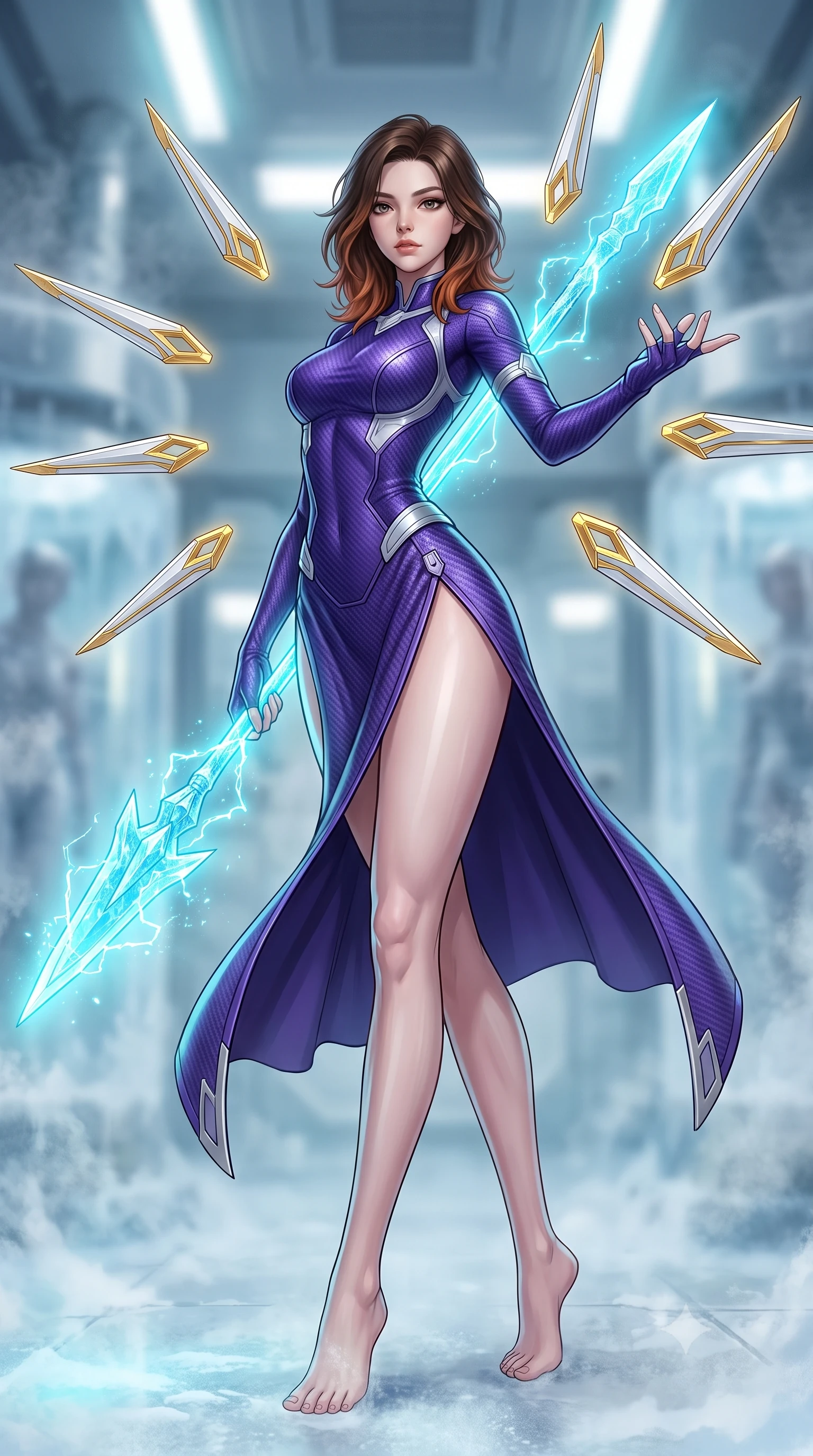 score_9, masterpiece, best quality, ultra-detailed, high-budget anime keyframe, semi-realistic 3D game render, editorial fashion photography, tasteful artistic composition, Korean woman. low angle full-body shot from head to toe showing her feet, filling the entire 9:16 vertical frame with her statuesque presence, stretching her vertical silhouette. arching her spine in a fluid zero-gravity combat turn with sovereign grace, her long slender legs and sculpted torso creating a sweeping line of power while standing poised in a frost-covered cryogenics laboratory holding a glowing crystalline cryo-spear crackling with sub-zero energy. The composition keeps background elements in soft focus with creamy bokeh. drifting cryogenic frost vapor and frozen laboratory glass pods blurred into radiant cyan, silver, and pale blue bokeh. She has an absolutely perfect, statuesque 8.5-heads proportion, an exceptionally tall and slender model-like female figure with impossibly long slender legs, a toned flat midriff, and an ultra-slim waist. sharp v-shaped jawline, high-bridge nose, intricate jewel-like eyes with depth, thick eyelashes, glossy lips with a natural sheen, flawlessly proportioned anatomical accuracy, strict slender model proportions, natural body alignment, perfectly sculpted long slender limbs, ultra-slim waistline, clean dynamic posture without body distortion. wearing a precision-fitted royal purple carbon-fiber battle-dress with high-slit tactical skirt and silver accents, directing eight floating nano-crystal funnel blades with sovereign gestures in arctic white carbon composite with radiant solar gold plating, made of lightweight aerodynamic carbon-titanium alloy with polished edge bevels, detailed with magnetic weapon holsters and polished chrome connection clasps, the glove-like aerodynamic second-skin fit tightly clinging to her ultra-slender waist and athletic curves without adding bulk, accentuating her razor-sharp statuesque lines and slim hourglass silhouette. bathed in glowing cyan cryo-energy spear radiance and cool white emergency strobe lighting. rich saturated anime colors with glowing neon highlights, detailed shading with soft gradients, rich glossy textures, high-contrast stereoscopic depth, volumetric dynamic lighting, master piece, 9:16 ratio