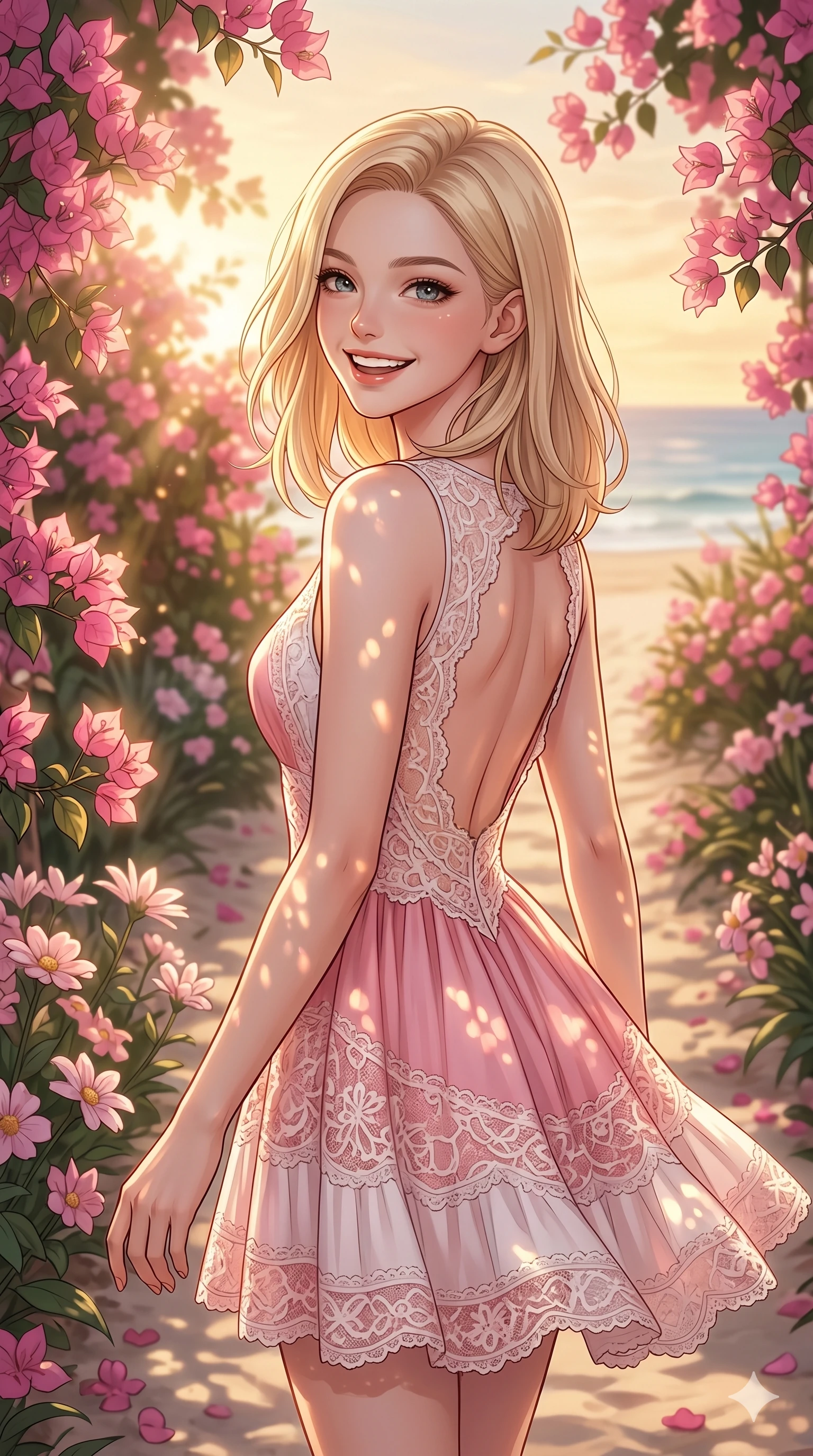 score_9, masterpiece, best quality, ultra-detailed, high-budget anime keyframe, editorial fashion photography, tasteful artistic composition, Korean woman. cowboy shot from the thighs up, character and outfit filling the frame for maximum editorial presence. turning around with a bright, happy grin, her eyes sparkling with joy walking along a beach path filled with blooming pink flowers. She has an absolutely perfect 8-heads proportion, an exceptionally tall and slender female figure with impossibly long slender legs and an ultra-slim waist. V-shaped jawline, high-bridge nose, intricate jewel-like eyes with depth, thick eyelashes, glossy lips with a natural sheen. wearing a pink and white summer dress with a scooped open back and lace details. bathed in warm afternoon sunbeams filtering through the flowers, creating a soft glow. 2k, ultra detail, master piece, 9:16 ratio