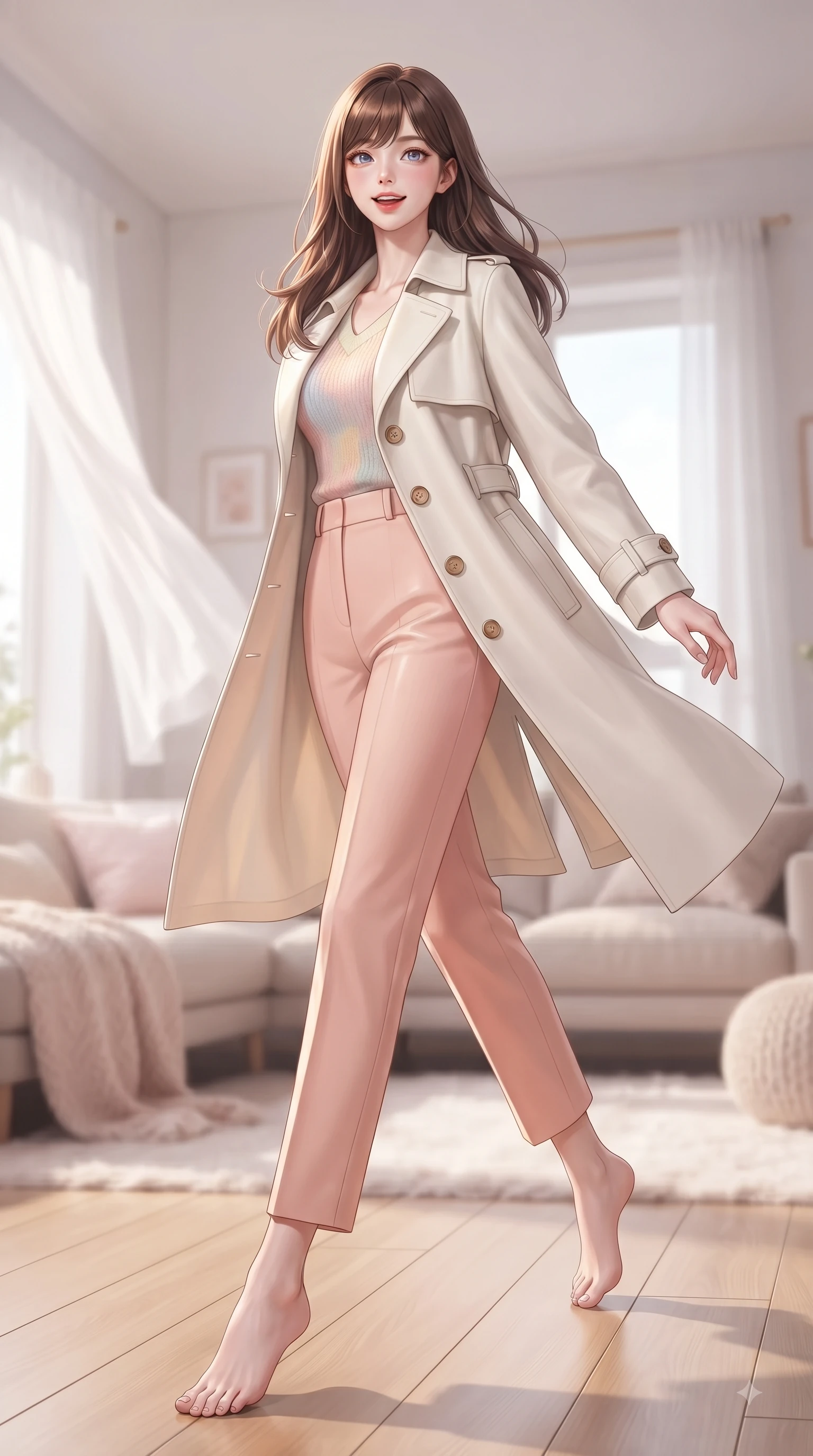 score_9, masterpiece, best quality, ultra-detailed, high-budget anime keyframe, editorial fashion photography, tasteful artistic composition, Korean woman. low angle full-body shot from head to toe showing her feet, filling the entire 9:16 vertical frame with her statuesque presence, stretching her vertical silhouette. stepping forward gracefully in mid-motion with a delighted cute expression, displaying her statuesque model proportions while stepping gracefully across a light oak floor as soft white curtains flutter in a gentle morning breeze. The composition keeps background elements in soft focus with dreamy bokeh. cozy pastel living room decor and soft textile textures blurred smoothly behind her. She has an absolutely perfect, statuesque 8.5-heads proportion, an exceptionally tall and slender model-like female figure with impossibly long slender legs and an ultra-slim waist. sharp v-shaped jawline, high-bridge nose, intricate jewel-like eyes with depth, thick eyelashes, glossy lips with a natural sheen, flawlessly proportioned anatomical accuracy, natural body alignment, perfectly sculpted elegant limbs, clean dynamic posture without body distortion. wearing a stylish pale ivory trench coat over a pastel knit top and high-waist tailored slacks in peach blossom pink and warm oatmeal, made of fine lightweight chiffon that flutters gently in the breeze, finished with neat front wooden buttons and pocket details, the tailored casual silhouette highlighting her fresh and youthful presence. surrounded by a peaceful, intimate, and relaxing home atmosphere. ultra-reflective glossy finish, specular highlights, metallic sheen, high-contrast stereoscopic depth, volumetric dynamic lighting, 2k, ultra detail, master piece, 9:16 ratio
