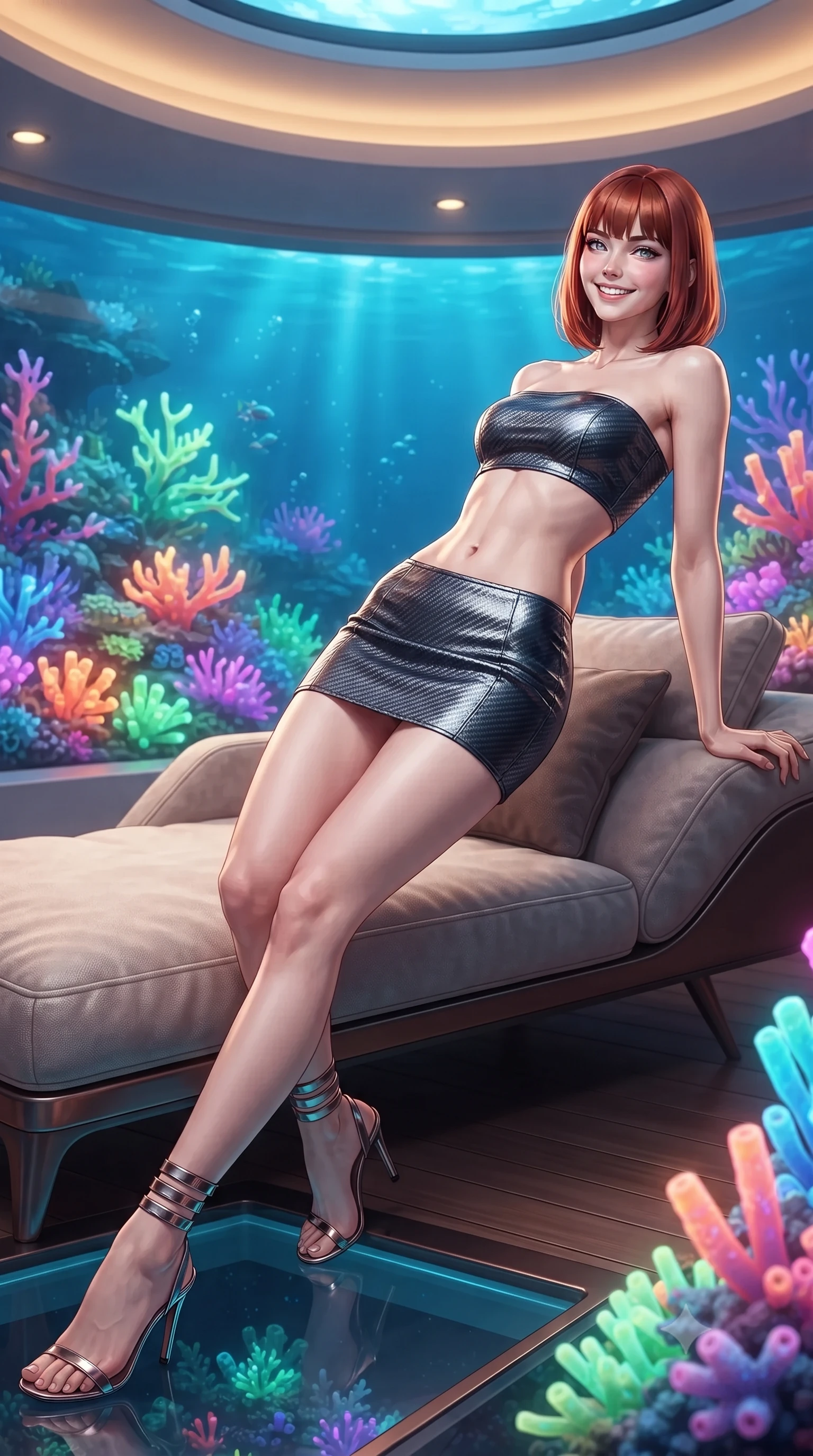 score_9, masterpiece, best quality, ultra-detailed, high-budget anime keyframe, editorial fashion photography, tasteful artistic composition, Caucasian woman. low angle full-body shot from head to toe showing her feet, filling the entire 9:16 vertical frame with her statuesque presence, stretching her vertical silhouette. reclining gracefully across the plush chaise lounge with one leg extended, her sculpted silhouette and flat midriff radiating magnetic nocturnal glamour while standing poised on the teak and glass observatory floor surrounded by living fluorescent neon corals, arching her lower back with magnetic siren charisma. The surrounding environment is rendered in vivid detail and crisp panoramic clarity: detailed outfit textures, second-skin fit, and world-class underwater pavilion design in high resolution. She has an exceptionally tall and slender model-like 8.5-heads proportion, an ultra-slim waist, a flat toned midriff, narrow delicate ribcage, and beautifully sculpted feminine hips creating a graceful, slim hourglass silhouette without any bulky heaviness, with impossibly long slender legs. sharp v-shaped jawline, high-bridge nose, intricate jewel-like sparkling eyes with depth, thick eyelashes, glossy parted lips with a natural peach sheen, bright cheerful beaming smile with an enchanting and coquettish sensual glint, exuding both youthful cute charm and seductive allure, flawlessly proportioned anatomical accuracy, strict slender model proportions, natural body alignment, perfectly sculpted long slender limbs, ultra-slim waistline, clean dynamic posture without body distortion. wearing an ultra-cropped tech-wear bandeau top paired with a micro mini skirt revealing her flat toned midriff in liquid mercury chrome and deep midnight obsidian, woven from structured carbon-fiber jacquard with rich textural depth, complemented by strappy stiletto sandals with metallic ankle wraps accentuating her slender calves, the bespoke structured tailoring following the natural line of her 8.5-heads silhouette with refined elegance. bathed in the glowing natural fluorescence of deep corals combined with warm 2500K interior recessed cove lighting. ultra-reflective glossy finish, specular highlights, rich textural contrasts, high-contrast stereoscopic depth, volumetric dynamic lighting, 2k, ultra detail, master piece, 9:16 ratio