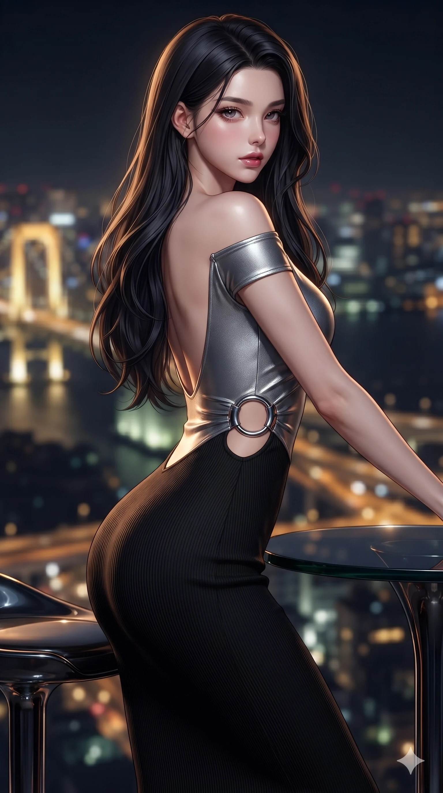 score_9, masterpiece, best quality, ultra-detailed, high-budget anime keyframe, editorial fashion photography, tasteful artistic composition, Korean woman. close-up cowboy shot from the waist and thighs up, the character dominates the composition, filling the frame with her large presence. twisting her slender torso in a deep contrapposto stance, hips dramatically shifted to accentuate her feminine curves while looking past her shoulder with smoldering bedroom-eyes while twisting her slender torso in an alluring S-curve beside the sleek cocktail perch, midnight city lights reflecting off her flat midriff and hips. The background shows a soft-focus infinite sprawling grid of Tokyo night lights, elevated expressway ribbons, and bay bridges blurred into gold, topaz, and sapphire bokeh. She has an exceptionally elegant, slender, and willowy female figure with an ultra-slim waist, flat toned midriff, narrow ribcage, and sculpted feminine hips creating an alluring, slim hourglass silhouette without bulk. sharp v-shaped jawline, high-bridge nose, intricate jewel-like dark sparkling eyes with dangerous depth, thick curled eyelashes, glossy parted lips with a rich wine sheen, smoldering seductive half-smile with bedroom-eyes, exuding effortless superiority and intoxicating dark allure, flawlessly proportioned anatomical accuracy, strict slender model proportions, natural body alignment, perfectly sculpted long slender limbs, ultra-slim waistline, clean dynamic posture without body distortion. wearing a form-contouring off-shoulder ribbed cashmere bodycon midi dress with a low-back scoop in metallic liquid silver and pitch black, made of fluid liquid jersey with seamless sculpting hold and smooth contours, accented with sculptural chrome hardware rings framing the subtle cutouts, the impeccably tailored cut draping gracefully along her slender figure with aristocratic noir poise. illuminated by panoramic exterior city light bounce and sharp amber-sapphire rim lights defining her razor-sharp jawline, narrow waist, and curvy hips. ultra-reflective glossy finish, specular highlights, rich textural contrasts, high-contrast stereoscopic depth, volumetric dynamic lighting, 2k, ultra detail, master piece, 9:16 ratio