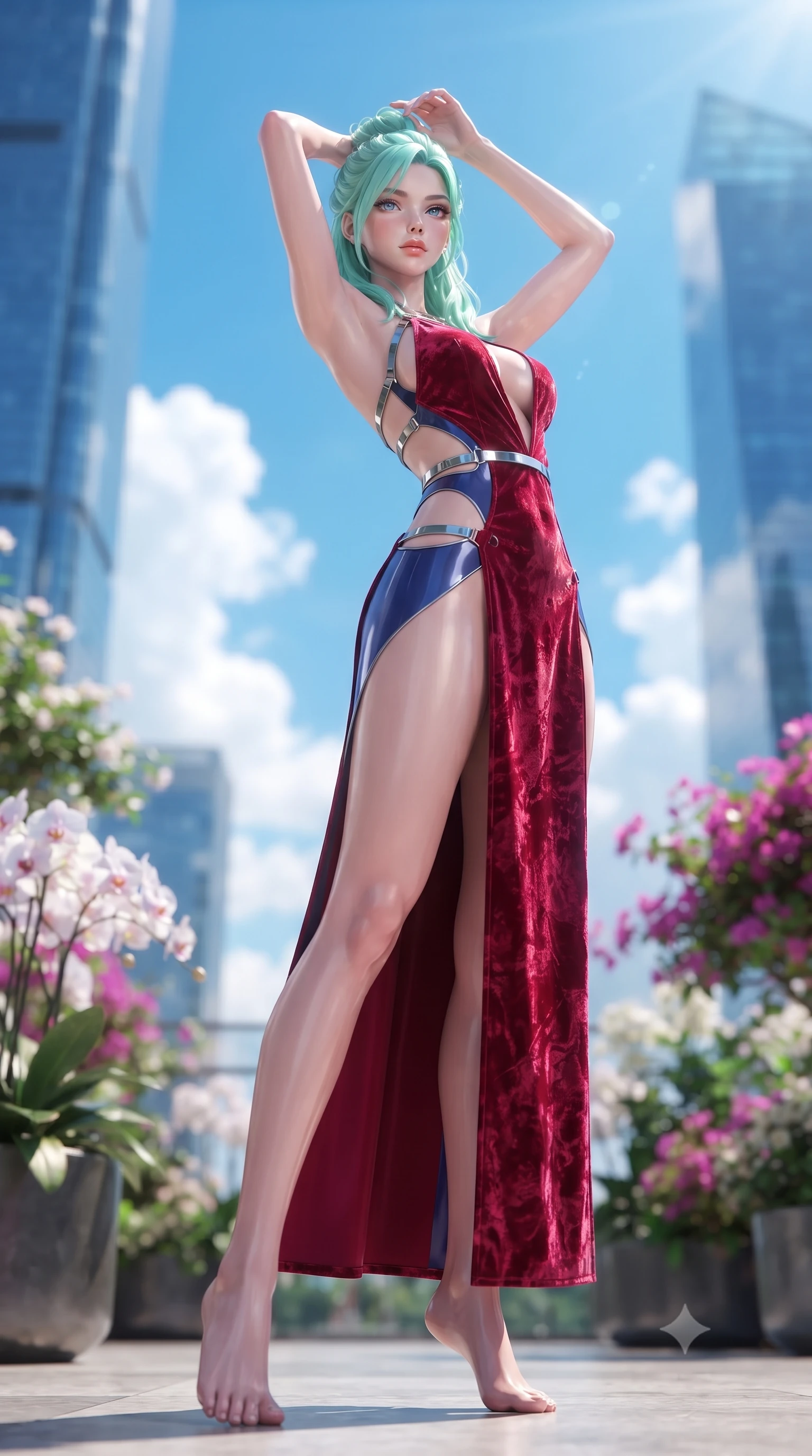 score_9, masterpiece, best quality, ultra-detailed, high-budget anime keyframe, editorial fashion photography, tasteful artistic composition, Japanese woman. low angle full-body shot from head to toe showing her feet, filling the entire 9:16 vertical frame with her statuesque presence, stretching her vertical silhouette. arching her back in a fluid zero-gravity turn with sovereign grace, her long slender legs and sculpted torso creating a sweeping line while standing with statuesque poise on a 120th-floor sky-garden terrace flanked by lush blooming flora and clear blue skies. The composition keeps background elements in soft focus with creamy bokeh. towering glass skyscraper spires and white fluffy cumulus clouds blurred into vivid sky-blue bokeh. She has an absolutely perfect, statuesque 8.5-heads proportion, an exceptionally tall and slender model-like female figure with impossibly long slender legs, a toned flat midriff, and an ultra-slim waist. sharp v-shaped jawline, high-bridge nose, intricate jewel-like eyes with depth, thick eyelashes, glossy lips with a natural sheen, flawlessly proportioned anatomical accuracy, strict slender model proportions, natural body alignment, perfectly sculpted long slender limbs, ultra-slim waistline, clean dynamic posture without body distortion. wearing a backless crimson crushed velvet gown with a deep plunging V-neckline, strategic hip cutouts, and an ultra-high thigh slit in deep royal navy blue and specular chrome, tailored from semi-translucent cybernetic vinyl with glowing micro-filaments, reinforced by a sleek metallic chrome harness and delicate glowing micro-straps, the form-contouring material adhering flawlessly to her sculpted flat midriff and slender torso, emphasizing her long leg lines and perfectly proportioned willowy build. bathed in brilliant high-noon sunbursts and rich sky-blue ambient bounce light. ultra-reflective glossy finish, specular highlights, metallic sheen, high-contrast stereoscopic depth, volumetric dynamic lighting, 2k, ultra detail, master piece, 9:16 ratio