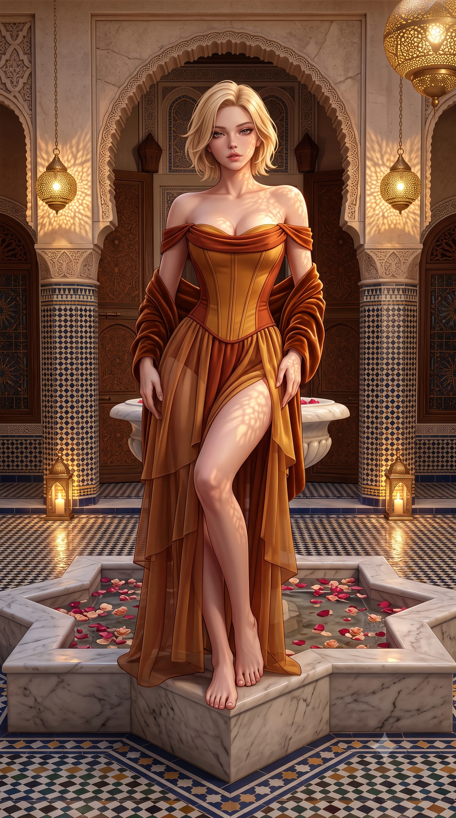 score_9, masterpiece, best quality, ultra-detailed, high-budget anime keyframe, semi-realistic 3D game render, editorial fashion photography, tasteful artistic composition, Caucasian woman. low angle full-body shot from head to toe showing her feet, filling the entire 9:16 vertical frame with her statuesque presence, stretching her vertical silhouette. leaning deep against the structural architecture with hips cocked in an unapologetically bold, seductive high-fashion stance while sitting on the edge of the central star-shaped marble fountain filled with floating rose petals, arching her lower back as dappled lantern light traces her curves. The surrounding environment is rendered in vivid detail and crisp panoramic clarity. sharp geometric zellige tile glaze reflections, carved cedar woodwork, and marble fountain rim in deep focus. She has an exceptionally tall and slender model-like 8.5-heads proportion, an ultra-slim waist, a flat toned midriff, narrow delicate ribcage, and beautifully sculpted feminine hips creating a graceful, slim hourglass silhouette without any bulky heaviness, with impossibly long slender legs. sharp v-shaped jawline, high-bridge nose, intricate jewel-like eyes with depth, thick eyelashes, glossy parted lips with a natural sheen, intensely captivating and seductive bedroom-eyes expression, flawlessly proportioned anatomical accuracy, strict slender model proportions, natural body alignment, perfectly sculpted long slender limbs, ultra-slim waistline, clean dynamic posture without body distortion. wearing an off-shoulder French court corset bodice dress paired with a tiered translucent chiffon slit skirt in molten desert gold and burnt terracotta, tailored from water-resistant treated wool gabardine and flexible stretch silk, complemented by a plush velvet shawl draped loosely over her elbows, the dramatically scooped open back descending to the base of her spine, accentuating her razor-sharp statuesque lines and slim hourglass silhouette. bathed in warm golden candlelight filtering through pierced brass lamps creating delicate lace-like shadow patterns. highly saturated vibrant anime colors, detailed shading with soft gradients, rich glossy textures, high-contrast stereoscopic depth, volumetric dynamic lighting, master piece, 9:16 ratio