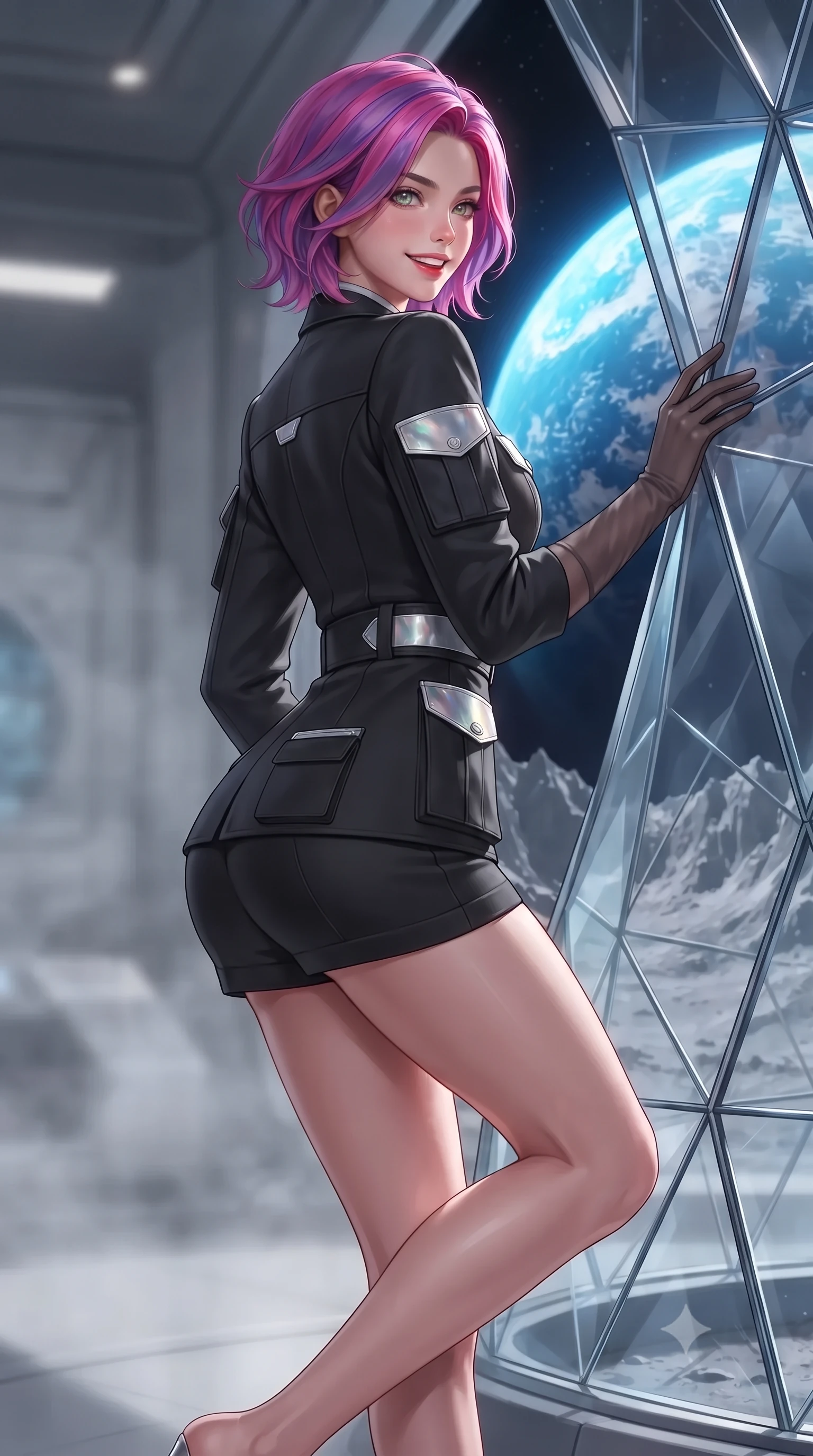 score_9, masterpiece, best quality, ultra-detailed, high-budget anime keyframe, editorial fashion photography, tasteful artistic composition, Caucasian woman. close-up cowboy shot from the waist and thighs up, the character dominates the composition, filling the frame with her large presence. posing in an alluring rear three-quarter angle, looking over a bare shoulder with parted glossy lips, her hips cocked back to highlight her slim hourglass curve while leaning against the faceted diamond-glass dome strut with hips cocked back, gazing up at the brilliant blue marble of Earth rising over lunar peaks with bedroom-eyes. The background shows a soft-focus interior climate mist softened in lunar crater sanctuary shallow focus. She has an exceptionally elegant, slender, and willowy female figure with an ultra-slim waist, flat toned midriff, narrow ribcage, and sculpted feminine hips creating an alluring, slim hourglass silhouette without bulk. sharp v-shaped jawline, high-bridge nose, intricate jewel-like sparkling eyes with depth, thick eyelashes, glossy parted lips with a natural peach sheen, bright cheerful beaming smile with an enchanting and coquettish sensual glint, exuding both youthful cute charm and seductive allure, flawlessly proportioned anatomical accuracy, strict slender model proportions, natural body alignment, perfectly sculpted long slender limbs, ultra-slim waistline, clean dynamic posture without body distortion. wearing a tailored high-tech safari suit with storm flaps and streamlined utility pockets in matte carbon finish in iridescent mother-of-pearl and liquid molten silver, crafted from bespoke double-faced cashmere with an exceptionally soft tactile finish, complemented by sheer opera-length evening gloves tracing her slender arms, the impeccably tailored cut draping gracefully along her slender figure with aristocratic poise. illuminated by basalt tile reflection bounce and sharp Earth-blue rim lights sculpting her jawline, narrow waist, and curvy hips. ultra-reflective glossy finish, specular highlights, rich textural contrasts, high-contrast stereoscopic depth, volumetric dynamic lighting, 2k, ultra detail, master piece, 9:16 ratio