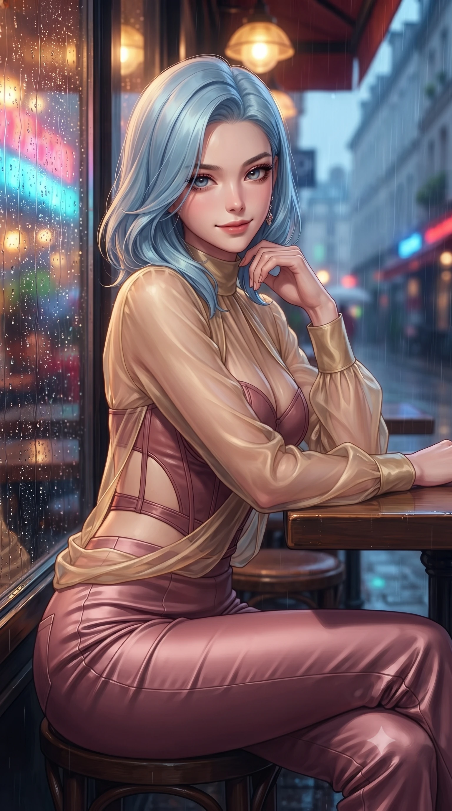 score_9, masterpiece, best quality, ultra-detailed, high-budget anime keyframe, editorial fashion photography, tasteful artistic composition, Korean woman. close-up cowboy shot from the waist and thighs up, the character dominates the composition, filling the frame with her large presence, background elements kept in soft focus. Glancing sidelong over her shoulder with a smoldering half-smile and heavy lashes sitting by the wet glass window of a trendy European café during a gentle rainfall, rain droplets glistening on the glass window with colorful neon reflections. She has an exceptionally elegant, slender, and willowy female figure with an ultra-slim waist, a gracefully sculpted slender torso, and a refined silhouette. sharp v-shaped jawline, high-bridge nose, intricate jewel-like eyes with depth, thick eyelashes, glossy lips with a natural sheen. wearing a tailored leather bustier over a sheer silk chiffon blouse in dusty rose and champagne gold, crafted from lustrous satin jersey with fluid draping, featuring clean architectural cutouts along her slender torso, the tailored fabric tightly following every curve of her athletic build. illuminated by warm indoor golden amber light and cool rainy blue neon rim light. highly saturated vibrant anime colors, detailed shading with soft gradients, rich glossy textures, high-contrast stereoscopic depth, volumetric dynamic lighting, master piece, 9:16 ratio