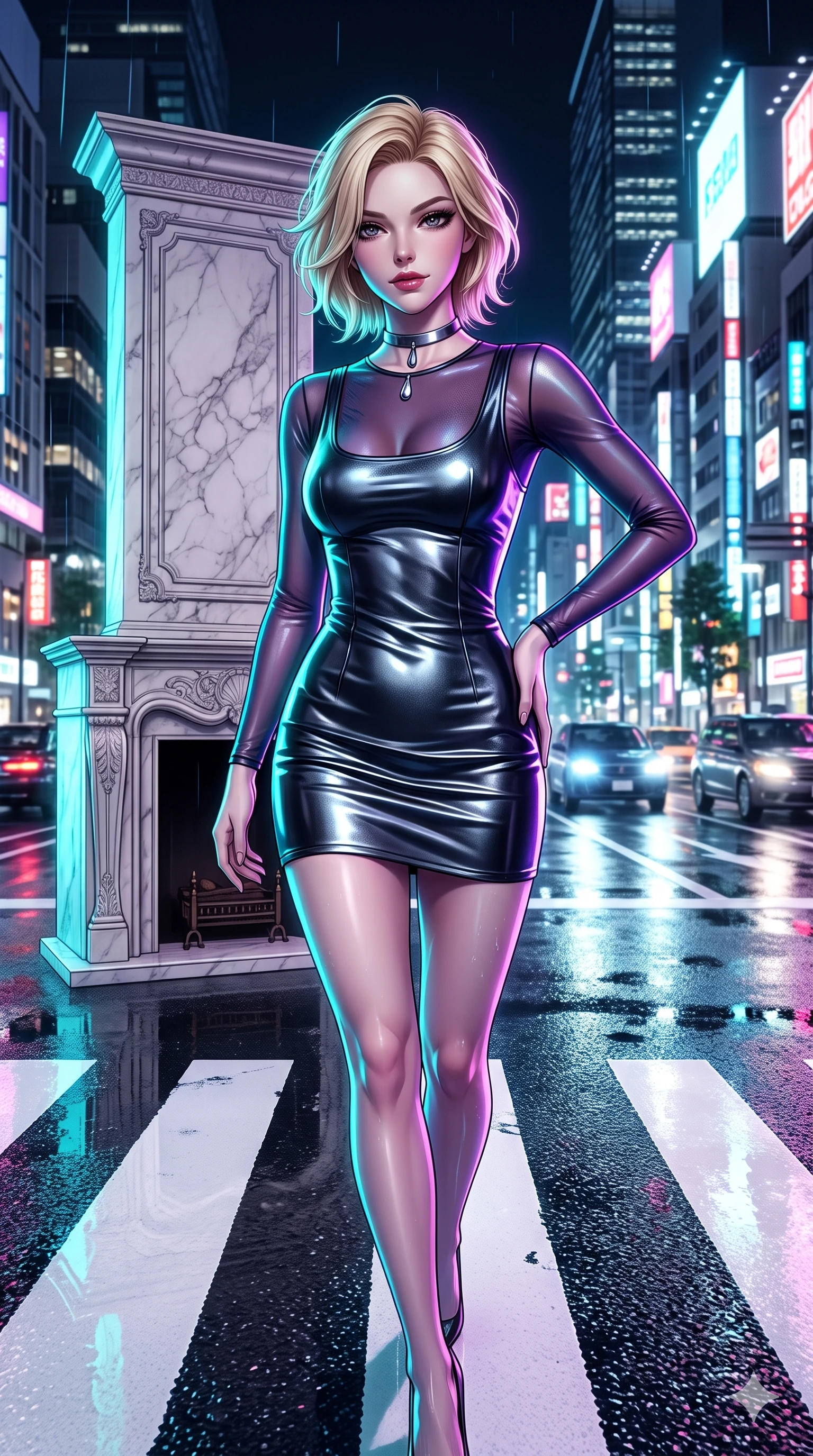 score_9, masterpiece, best quality, ultra-detailed, high-budget anime keyframe, semi-realistic 3D game render, editorial fashion photography, tasteful artistic composition, Caucasian woman. close-up cowboy shot from the waist and thighs up, the character dominates the composition, filling the frame with her large presence. standing poised beside a towering marble fireplace with hips cocked back, casting an alluring, sovereign gaze toward the viewer while pausing mid-stride on the wet white zebra crossing as traffic reflections shimmer beneath her stiletto heels, arching her back with sovereign grace. The surrounding environment is rendered in vivid detail and crisp panoramic clarity: detailed metallic leather mini dress cling, liquid mercury sheen, and modern Japanese cityscape in razor-sharp clarity. She has an exceptionally elegant, slender, and willowy female figure with an ultra-slim waist, flat toned midriff, narrow ribcage, and sculpted feminine hips creating an alluring, slim hourglass silhouette without bulk. sharp v-shaped jawline, high-bridge nose, intricate jewel-like dark sparkling eyes with dangerous depth, thick curled eyelashes, glossy parted lips with a rich wine sheen, smoldering seductive half-smile with bedroom-eyes, exuding effortless superiority and intoxicating dark allure, flawlessly proportioned anatomical accuracy, strict slender model proportions, natural body alignment, perfectly sculpted long slender limbs, ultra-slim waistline, clean dynamic posture without body distortion. wearing a delicate semi-translucent wet-look mesh bodysuit clinging sheerly to her sculpted torso and hip curves in ultraviolet neon and dark rain-soaked shadow tones, tailored from heavy double-faced silk georgette with an exceptionally fluid drape, finished with a minimalist chrome choker and a single teardrop pendant, the bespoke structured tailoring following the natural line of her 8.5-heads silhouette with refined elegance. illuminated by mirror-wet road surface bounce and sharp electric-cyan rim lights defining her razor-sharp jawline, narrow waist, and curvy hips. highly saturated vibrant anime colors, detailed shading with soft gradients, rich glossy textures, high-contrast stereoscopic depth, volumetric dynamic lighting, master piece, 9:16 ratio