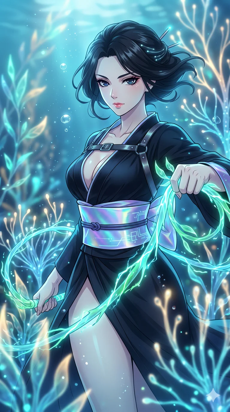 score_9, masterpiece, best quality, ultra-detailed, High-budget Anime Keyframe, vibrant colors, fluid line-art, expressive lighting, cinematic composition, Ufotable-style visual effects, top-tier animation quality, Japanese woman with delicate and elegant anime-inspired features. Upper body close-up from the thighs up, character filling the screen for maximum presence. Wielding a glowing vine whip that crackles with bioluminescent energy, devoid of thorns. She has an absolutely perfect 8-heads proportion, an exceptionally tall and slender female figure with impossibly long slender legs and an ultra-slim waist, her statuesque height and towering silhouette dominating the vertical 9:16 frame. Her face is a masterpiece featuring a sharp v-shaped jawline, high-bridge nose, intricate jewel-like eyes with depth, thick eyelashes, and glossy lips with a natural sheen. She is wearing a High-slit tech-kimono with a holographic obi and deep-plunging silk hanbok-fusion with metallic straps.. The scene is set in an underwater Eden where the plants are made of light and fiber-optics. 2k, ultra detail, master piece, 9:16 ratio