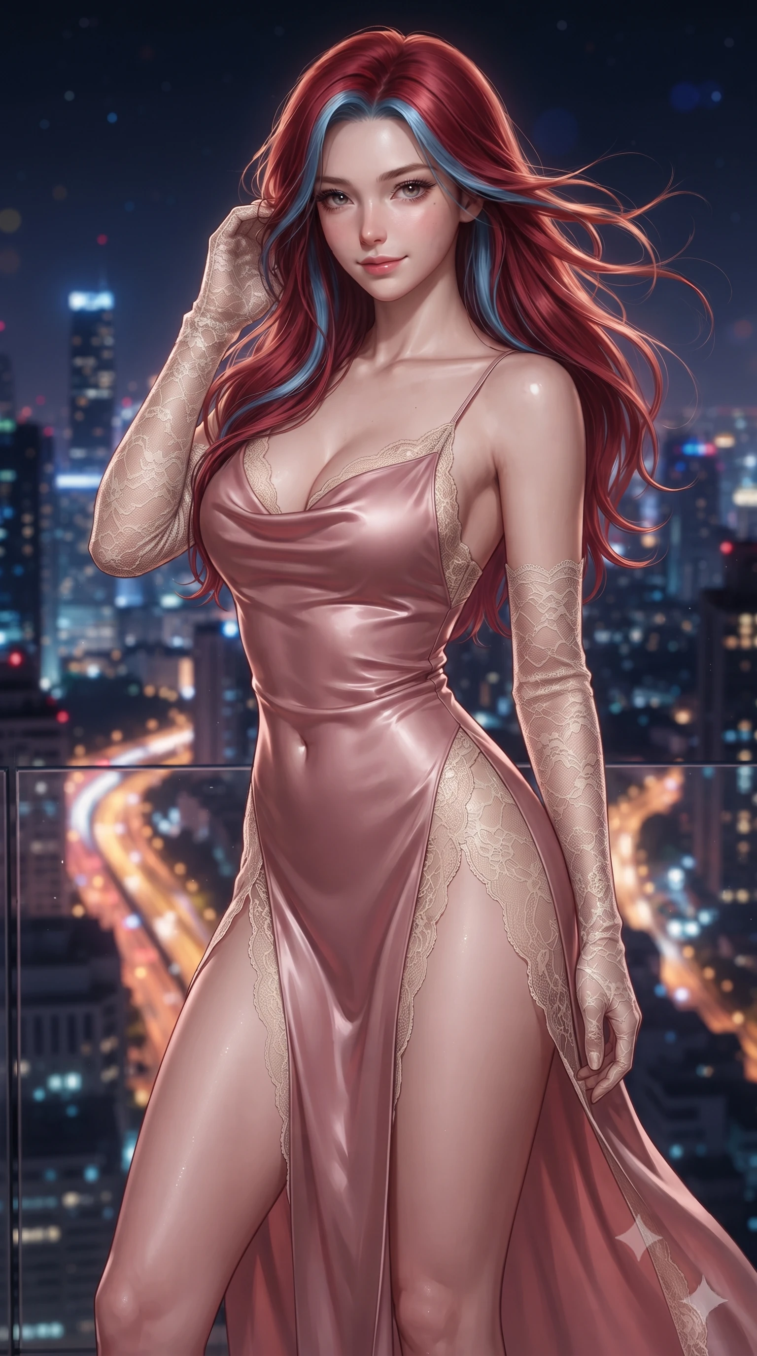 score_9, masterpiece, best quality, ultra-detailed, high-budget anime keyframe, editorial fashion photography, tasteful artistic composition, Caucasian woman. close-up cowboy shot from the waist and thighs up, the character dominates the composition, filling the frame with her large presence. turning slowly with an enchanting smoldering smile, her glossy hair tossing in the breeze as her hips angle gracefully in a captivating contrapposto while twisting her slender torso in an alluring S-curve, city skyscraper lights miles below illuminating her sculpted flat midriff and curvy hips. The background shows a soft-focus the vast sea of illuminated city skyscrapers, snaking neon expressways miles below, and midnight sky blurred into sapphire, gold, and violet bokeh. She has an exceptionally elegant, slender, and willowy female figure with an ultra-slim waist, flat toned midriff, narrow ribcage, and sculpted feminine hips creating an alluring, slim hourglass silhouette without bulk. sharp v-shaped jawline, high-bridge nose, sparkling eyes with hypnotic seductive depth, thick curled eyelashes, glossy parted lips with a natural dewy peach sheen, alluring bedroom-eyes with an enchanting coquettish smile, exuding magnetic siren charisma and sophisticated glamour, flawlessly proportioned anatomical accuracy, strict slender model proportions, natural body alignment, perfectly sculpted long slender limbs, ultra-slim waistline, clean dynamic posture without body distortion. wearing a plunging cowl-neck liquid silk satin slip gown with daring hip-high double slits and delicate back ties in dusky blush pink and warm ivory lace, made of sheer gossamer chiffon that drapes softly against skin with airy translucence, complemented by sheer opera-length lace evening gloves tracing her slender arms, the second-skin tailored fabric adhering flawlessly to her sculpted flat midriff and slender torso, emphasizing her long leg lines and perfectly proportioned willowy build. illuminated by glass cube internal reflections and sharp platinum rim lights defining her razor-sharp jawline, narrow waist, and voluptuous hip curves. ultra-reflective glossy finish, specular highlights, rich textural contrasts, high-contrast stereoscopic depth, volumetric dynamic lighting, 2k, ultra detail, master piece, 9:16 ratio