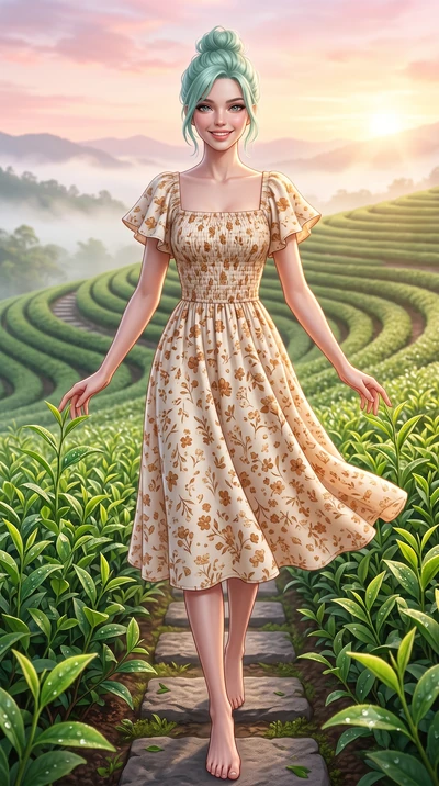 score_9, masterpiece, best quality, ultra-detailed, high-budget anime keyframe, semi-realistic 3D game render, editorial fashion photography, tasteful artistic composition, Japanese woman. low angle full-body shot from head to toe showing her feet, f