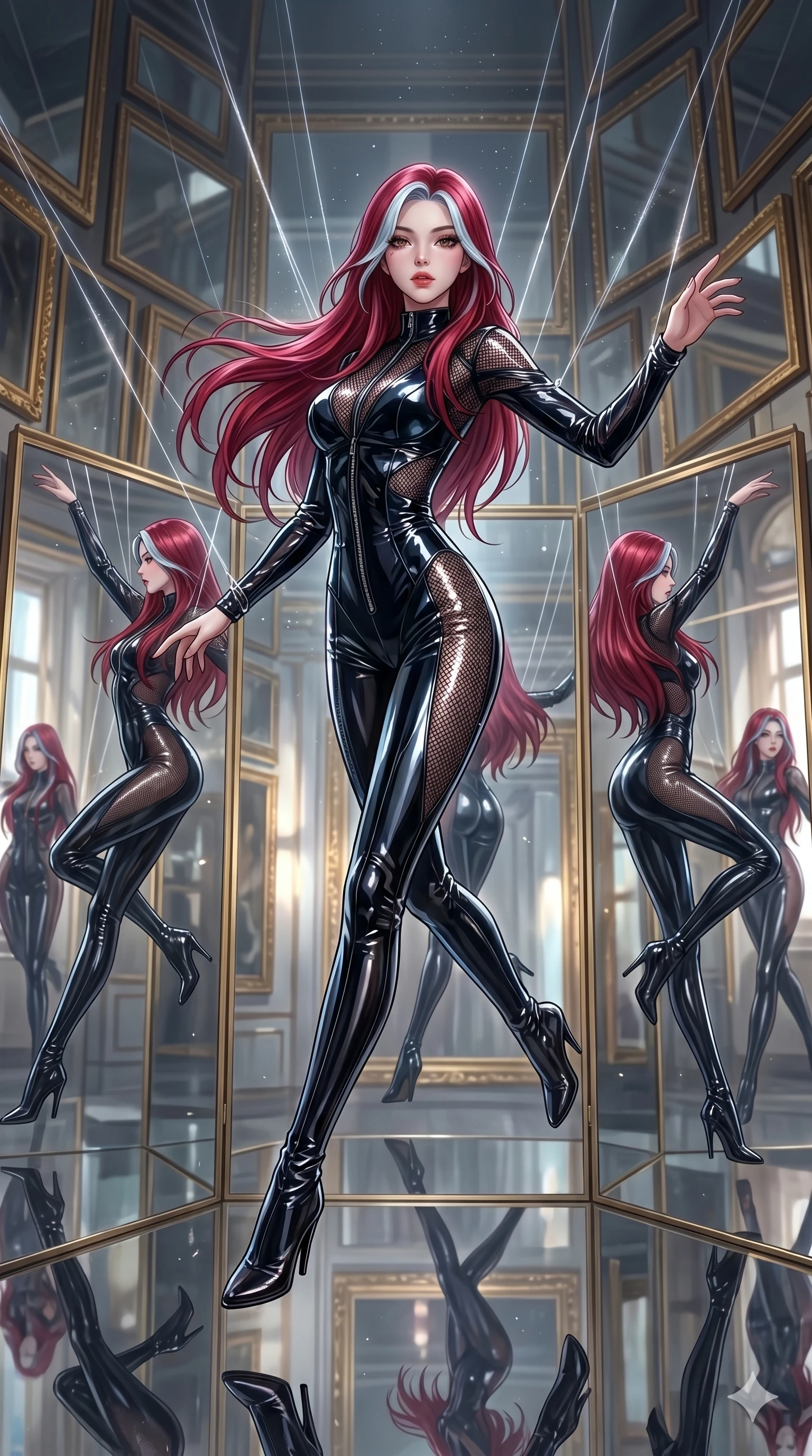 score_9, masterpiece, best quality, ultra-detailed, High-budget Anime Keyframe, East Asian woman. Dynamic full-body shot stretching the vertical silhouette to the limit. Scenario 46: Suspended by invisible silk threads in a hall of mirrors. Her presence is magnetic and overpowering in this high-budget anime scene. Outfit 46: A patent leather mesh with a unzipped detail and wet-look texture. The clothing is designed to emphasize her exceptionally tall and slender 8-heads proportion. 8-heads proportion, towering silhouette, ultra-slim waist. sharp v-shaped jawline, intricate jewel-like eyes with depth, thick eyelashes, glossy lips. 2k, ultra detail, master piece, 9:16 ratio