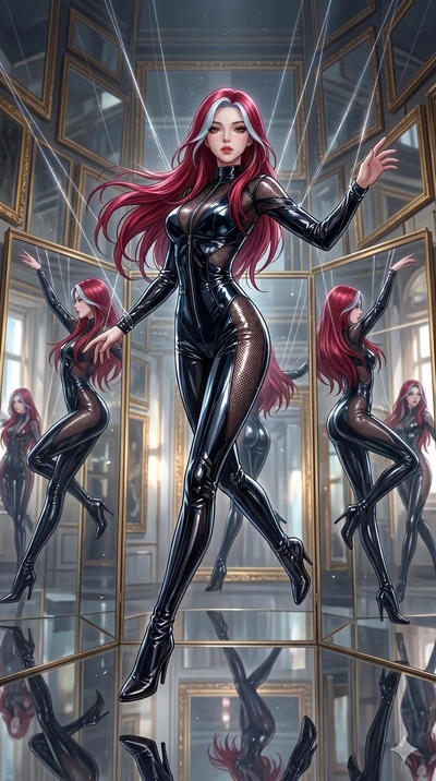 score_9, masterpiece, best quality, ultra-detailed, High-budget Anime Keyframe, East Asian woman. Dynamic full-body shot stretching the vertical silhouette to the limit. Scenario 46: Suspended by invisible silk threads in a hall of mirrors. Her prese