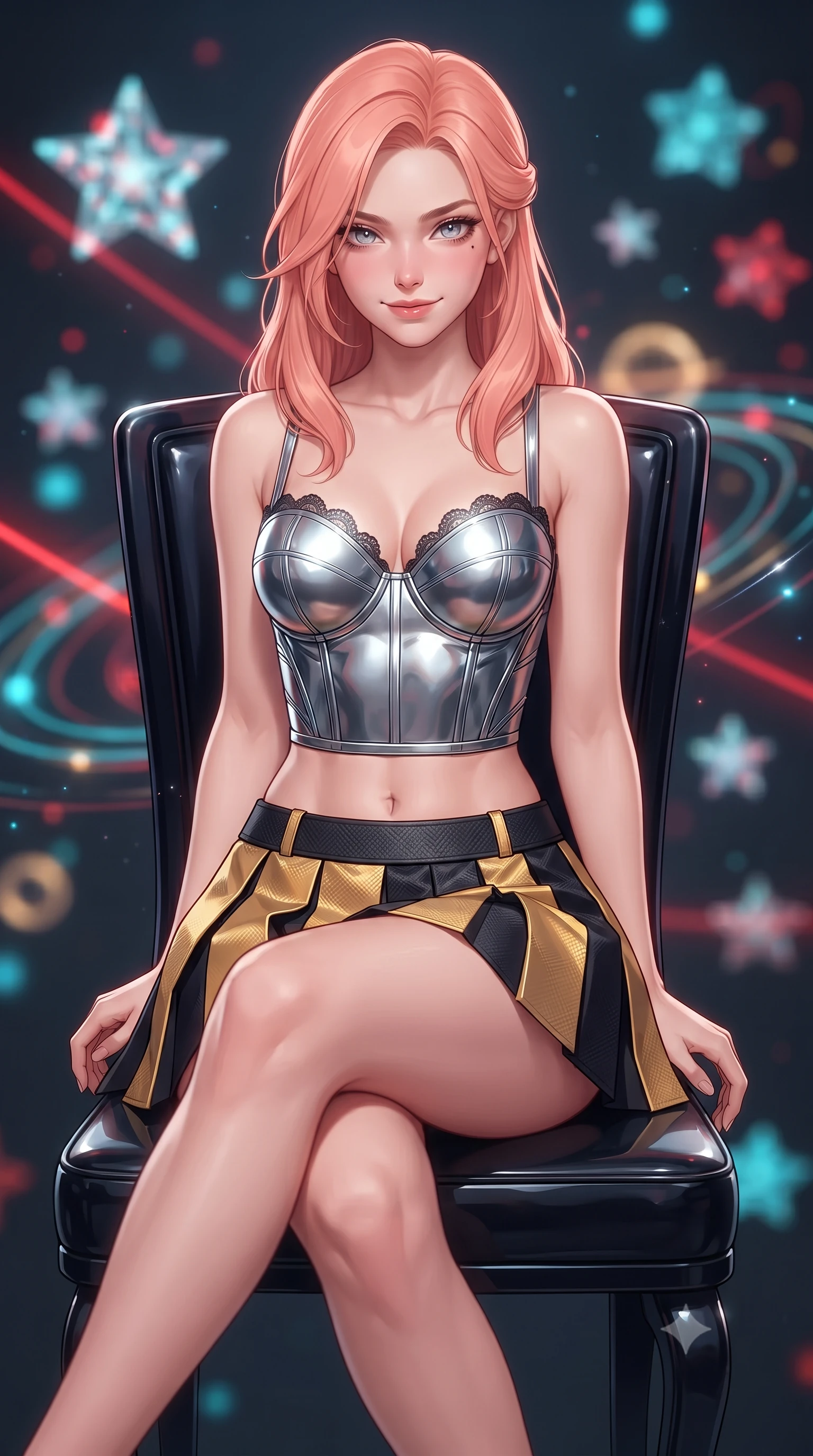 score_9, masterpiece, best quality, ultra-detailed, high-budget anime keyframe, editorial fashion photography, tasteful artistic composition, Japanese woman. close-up cowboy shot from the waist and thighs up, the character dominates the composition, filling the frame with her large presence. tilting her head with a teasing half-smile, running one hand slowly down the side of her hip in a flirtatious S-curve as ambient light caresses her silhouette while sitting gracefully on the high-backed admiral chair with legs crossed, flashing an enchanting smile with parted glossy lips as galactic vectors rotate around her. The background shows a soft-focus floating 3D holographic star clusters, pulsing red battle lines, and glowing planetary orbits blurred into cyan, crimson, and gold bokeh. She has an exceptionally elegant, slender, and willowy female figure with an ultra-slim waist, flat toned midriff, narrow ribcage, and sculpted feminine hips creating an alluring, slim hourglass silhouette without bulk. sharp v-shaped jawline, high-bridge nose, intricate jewel-like sparkling eyes with depth, thick eyelashes, glossy parted lips with a natural peach sheen, bright cheerful beaming smile with an enchanting and coquettish sensual glint, exuding both youthful cute charm and seductive allure, flawlessly proportioned anatomical accuracy, strict slender model proportions, natural body alignment, perfectly sculpted long slender limbs, ultra-slim waistline, clean dynamic posture without body distortion. wearing a chrome-plated tactical combat bustier top with reinforced underwire paired with a low-rise pleated micro combat skirt in solar-wind gold and deep space void black, woven from structured carbon-fiber jacquard with rich textural depth, finished with scalloped eyelash lace trim framing her sweetheart neckline with intimate elegance, the second-skin tailored fabric adhering flawlessly to her sculpted flat midriff and slender torso, emphasizing her long leg lines and perfectly proportioned willowy build. illuminated by polished obsidian dais bounce and sharp starlight-cyan rim lights defining her razor-sharp jawline, narrow waist, and curvy hips. ultra-reflective glossy finish, specular highlights, rich textural contrasts, high-contrast stereoscopic depth, volumetric dynamic lighting, 2k, ultra detail, master piece, 9:16 ratio
