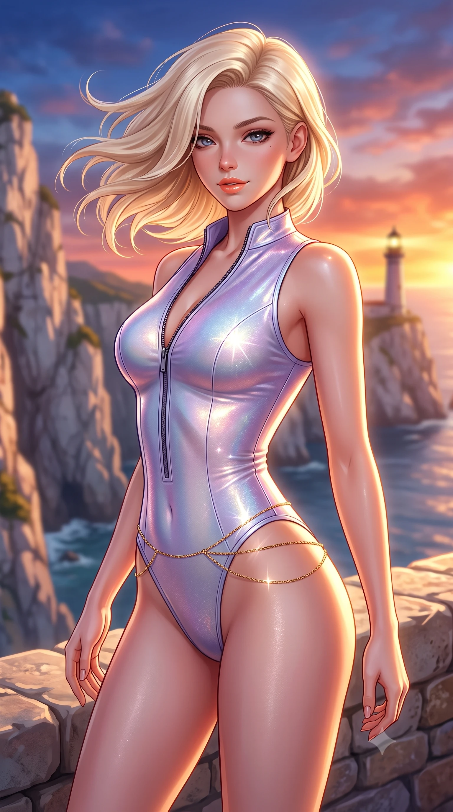 score_9, masterpiece, best quality, ultra-detailed, high-budget anime keyframe, semi-realistic 3D game render, editorial fashion photography, tasteful artistic composition, Caucasian woman. close-up cowboy shot from the waist and thighs up, the character dominates the composition, filling the frame with her large presence. turning slowly with an enchanting smoldering smile, her glossy hair tossing in the breeze as her hips angle gracefully in a captivating contrapposto while standing at the dizzying cliffside stone wall high above the sea, arching her back with breathtaking freedom as the sun sinks into the sea. The background shows a soft-focus towering jagged limestone sea cliffs plunging into the Mediterranean, the glowing lighthouse lantern, and fiery sky blurred into cobalt, copper, and rose-gold bokeh. She has an exceptionally elegant, slender, and willowy female figure with an ultra-slim waist, flat toned midriff, narrow ribcage, and sculpted feminine hips creating an alluring, slim hourglass silhouette without bulk. sharp v-shaped jawline, high-bridge nose, sparkling eyes with hypnotic seductive depth, thick curled eyelashes, glossy parted lips with a natural dewy peach sheen, alluring bedroom-eyes with an enchanting coquettish smile, exuding magnetic siren charisma and sophisticated glamour, flawlessly proportioned anatomical accuracy, strict slender model proportions, natural body alignment, perfectly sculpted long slender limbs, ultra-slim waistline, clean dynamic posture without body distortion. wearing a form-contouring wet-look neoprene zip-front surfing bodysuit with high-cut leg openings and racing side stripes in iridescent mother-of-pearl and dusk lavender, woven from stretch metallic lurex jersey casting radiant starlight glints across her silhouette, accented with a dainty gold belly chain resting across her flat midriff and curving hips, the second-skin tailored fabric adhering flawlessly to her sculpted flat midriff and slender torso, emphasizing her long leg lines and perfectly proportioned willowy build. bathed in molten golden hour sunset light flooding horizontally across the sea cliffs. highly saturated vibrant anime colors, detailed shading with soft gradients, rich glossy textures, high-contrast stereoscopic depth, volumetric dynamic lighting, master piece, 9:16 ratio