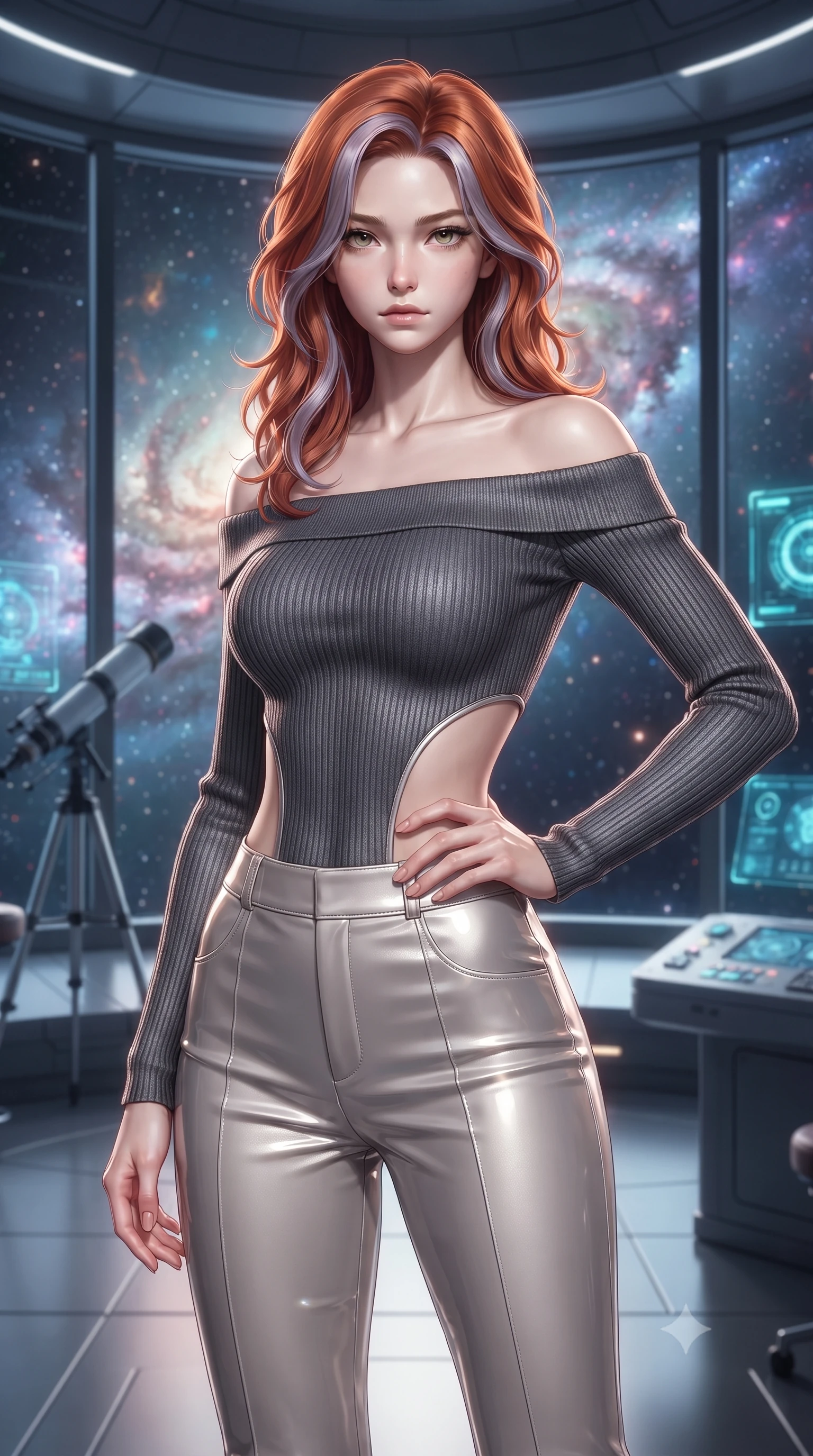 score_9, masterpiece, best quality, ultra-detailed, high-budget anime keyframe, editorial fashion photography, tasteful artistic composition, Caucasian woman. close-up cowboy shot from the waist and thighs up, the character dominates the composition, filling the frame with her large presence, background elements kept in soft focus. Holding a confident power pose with one hand on her hip, gazing directly into the camera with quiet intensity standing inside a high-tech observatory with panoramic glass views of a nebula, starlight and cosmic nebula clouds glowing through the floor-to-ceiling glass. She has an exceptionally elegant, slender, and willowy female figure with an ultra-slim waist, a gracefully sculpted slender torso, and a refined silhouette. sharp v-shaped jawline, high-bridge nose, intricate jewel-like eyes with depth, thick eyelashes, glossy lips with a natural sheen. wearing a sleek off-shoulder ribbed knit top paired with high-waist tailored pants in charcoal grey and platinum, tailored from high-gloss patent leather, featuring clean architectural cutouts along her slender torso, the sleek second-skin texture accentuating her magnetic presence. illuminated by radiant cosmic nebula light and glowing holographic displays. ultra-reflective glossy finish, specular highlights, metallic sheen, high-contrast stereoscopic depth, volumetric dynamic lighting, 2k, ultra detail, master piece, 9:16 ratio