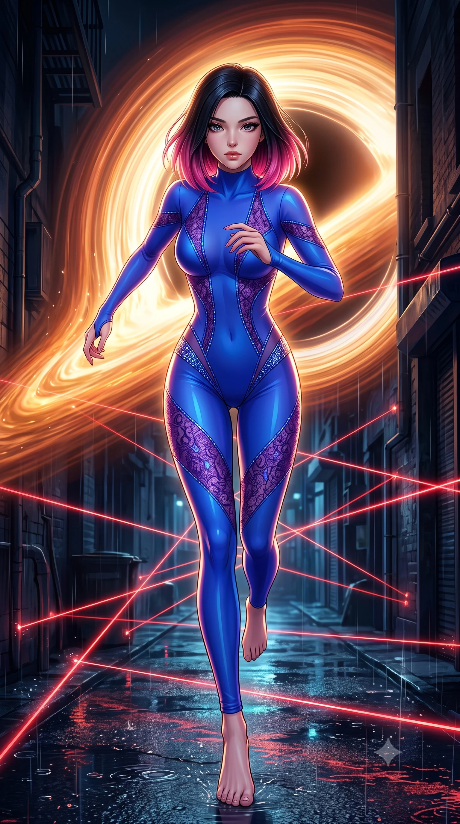 score_9, masterpiece, best quality, ultra-detailed, high-budget anime keyframe, editorial fashion photography, tasteful artistic composition, Korean woman. low angle full-body shot from head to toe showing her feet, filling the entire 9:16 vertical frame with her statuesque presence, stretching her vertical silhouette. dashing through rain-slicked cyberpunk alleyways, dodging laser tripwires with fluid agility through at the edge of a black hole accretion disk, a swirling river of orange and gold plasma bending under gravity waves. She has a statuesque 8.5-heads proportion, an exceptionally tall, slender and willowy model-like build with impossibly long legs and a highly sculpted ultra-slim waist. sharp v-shaped jawline, high-bridge nose, intricate jewel-like eyes with depth, thick eyelashes, glossy lips with a natural sheen. wearing tailored for maximum mobility, sleek form-contouring panels that allow fluid movement, a body-hugging full-body sheer catsuit in electric blue, featuring violet lace panels and shimmering crystal embellishments. highly saturated vibrant anime colors, intense vivid color palette, soft 3D volumetric shading, volumetric dynamic lighting, dramatic backlight creating a radiant halo effect around her entire silhouette. 2k, ultra detail, master piece, 9:16 ratio