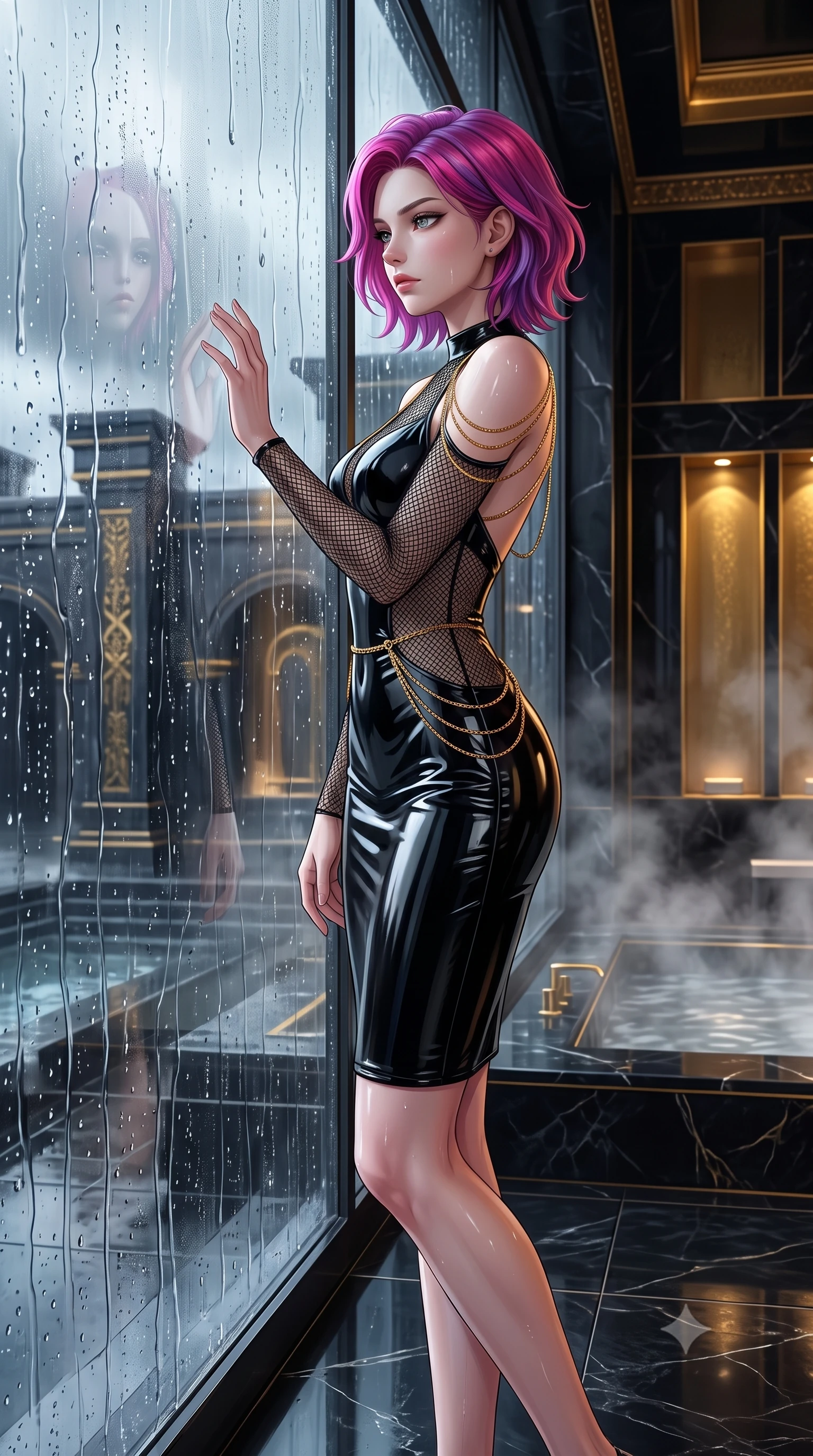 score_9, masterpiece, best quality, ultra-detailed, High-budget Anime Keyframe, Caucasian woman, strictly human ears. Dynamic full-body shot stretching the vertical silhouette to the limit. Scenario 311: looking out at the rain through a wet glass window near a steam-filled bathhouse built of black obsidian stone and gold accents. Her presence is magnetic and overpowering in this high-budget anime scene. Outfit 311: a tailored patent leather micro-mesh with a low-cut shoulder and fine gold chains. The clothing is designed to emphasize her exceptionally tall and slender 8-heads proportion. 8-heads proportion, towering silhouette, ultra-slim waist. sharp v-shaped jawline, intricate jewel-like eyes with depth, thick eyelashes, glossy lips. 2k, ultra detail, master piece, 9:16 ratio