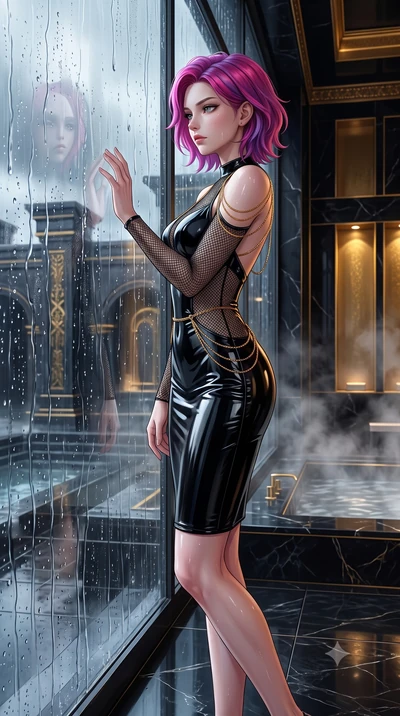 score_9, masterpiece, best quality, ultra-detailed, High-budget Anime Keyframe, Caucasian woman, strictly human ears. Dynamic full-body shot stretching the vertical silhouette to the limit. Scenario 311: looking out at the rain through a wet glass wi