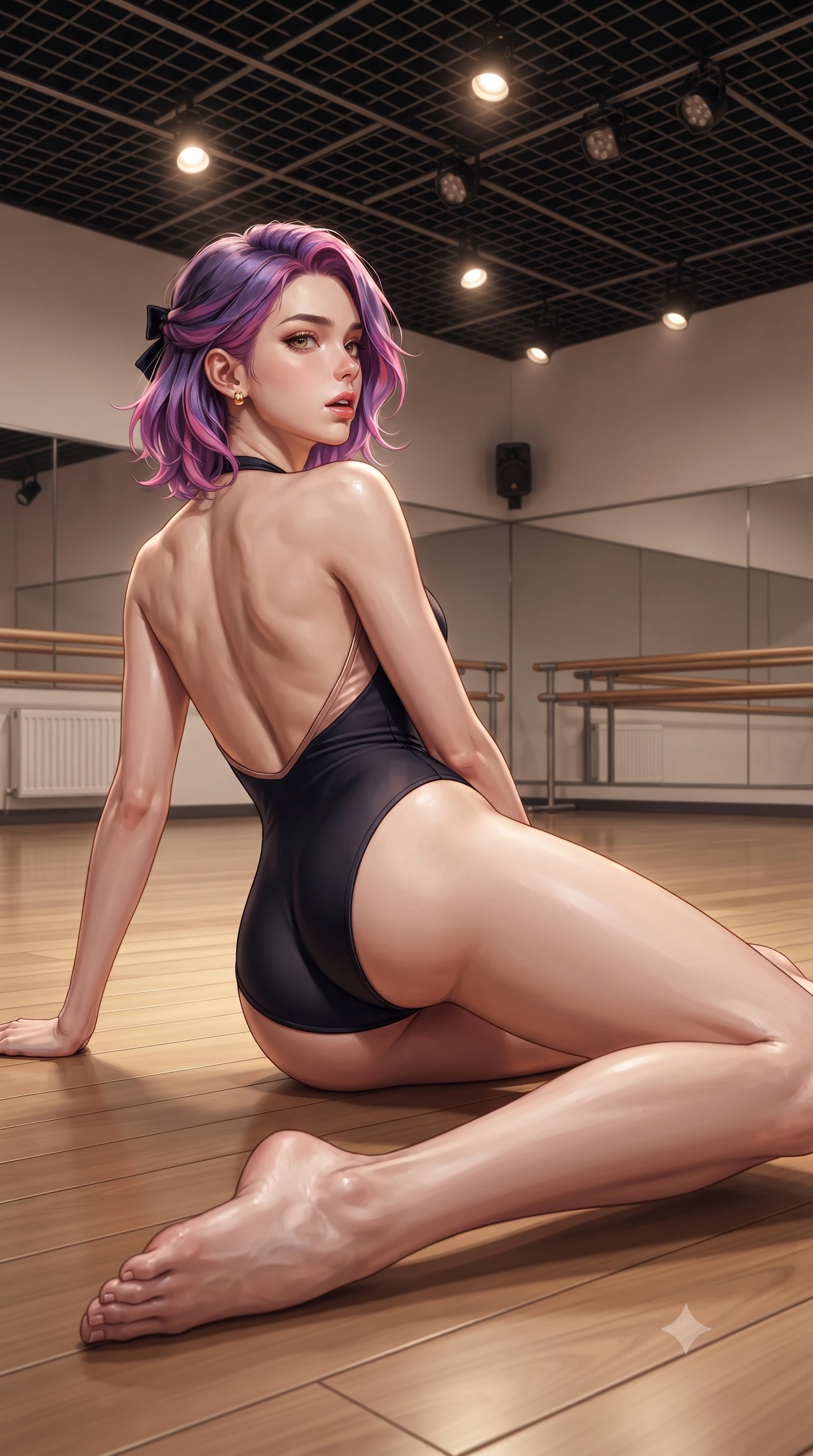 score_9, masterpiece, best quality, ultra-detailed, high-budget anime keyframe, editorial fashion photography, tasteful artistic composition, Caucasian woman. low angle full-body shot from head to toe showing her feet, filling the entire 9:16 vertical frame with her statuesque presence, stretching her vertical silhouette. posing with back turned slightly to the lens, glancing back with smoldering allure as she arches her lower back to emphasize her sculpted feminine hips and slender waist while reclining on the dance studio floor propped up on one hip, head tilted back in ecstasy with parted lips as warm spotlights trace her silhouette. The surrounding environment is rendered in vivid detail and crisp panoramic clarity. detailed muscle definition, fabric stretch tension lines, and studio spotlight fixtures in high clarity. She has an absolutely perfect, statuesque 8.5-heads proportion, an exceptionally tall and slender model-like female figure with impossibly long slender legs, a toned flat midriff, an ultra-slim waist, and beautifully sculpted feminine hips. sharp v-shaped jawline, high-bridge nose, intricate jewel-like eyes with depth, thick eyelashes, glossy parted lips with a natural sheen, intensely captivating and seductive bedroom-eyes expression, flawlessly proportioned anatomical accuracy, strict slender model proportions, natural body alignment, perfectly sculpted long slender limbs, ultra-slim waistline, clean dynamic posture without body distortion. wearing a form-contouring halter dance leotard with an open scooped back and high-cut leg openings in midnight obsidian black and rose gold, tailored from fluid modal jersey adhering seamlessly to her slender frame, complemented by a delicate velvet hair ribbon and gold stud earrings, the glove-like aerodynamic silhouette tightly following the natural contour of her hips and long slender legs with statuesque precision. surrounded by a disciplined, sensual, and exquisitely graceful haute-couture dancer aura. ultra-reflective glossy finish, specular highlights, rich textural contrasts, high-contrast stereoscopic depth, volumetric dynamic lighting, 2k, ultra detail, master piece, 9:16 ratio