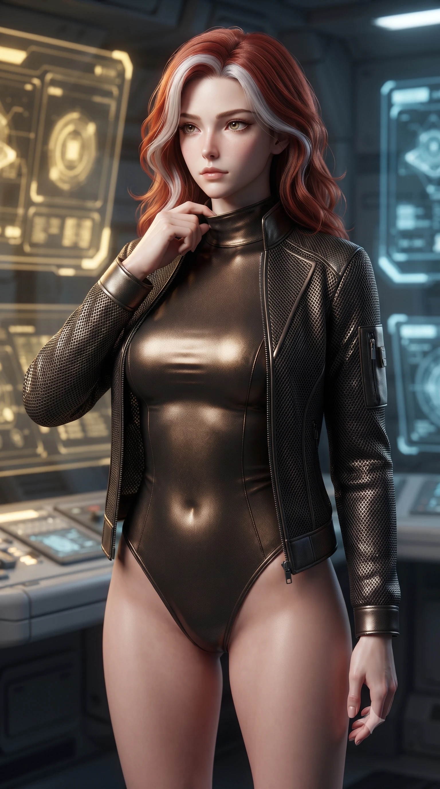 score_9, masterpiece, best quality, ultra-detailed, high-budget anime keyframe, editorial fashion photography, tasteful artistic composition, Caucasian woman. close-up cowboy shot from the waist and thighs up, the character dominates the composition, filling the frame with her large presence, background elements kept in soft focus. adjusting the high collar of her body-hugging suit, looking past the camera with quiet, sharp focus and a composed expression, the background shows a soft-focus a replicator console room with holographic terminal displays in soft focus. She has an exceptionally elegant, slender, and willowy female figure with an ultra-slim waist, a gracefully sculpted slender torso, and a refined silhouette. sharp v-shaped jawline, high-bridge nose, intricate jewel-like eyes with depth, thick eyelashes, glossy lips with a natural sheen. wearing a slim-fit form-fitting high-neck bodysuit in dark bronze, worn under a tailored open carbon-mesh tactical jacket. soft yellow terminal glare contrasting with the cool blue simulation space. ultra-reflective glossy finish, specular highlights, metallic sheen, high-contrast stereoscopic depth, volumetric dynamic lighting, 2k, ultra detail, master piece, 9:16 ratio