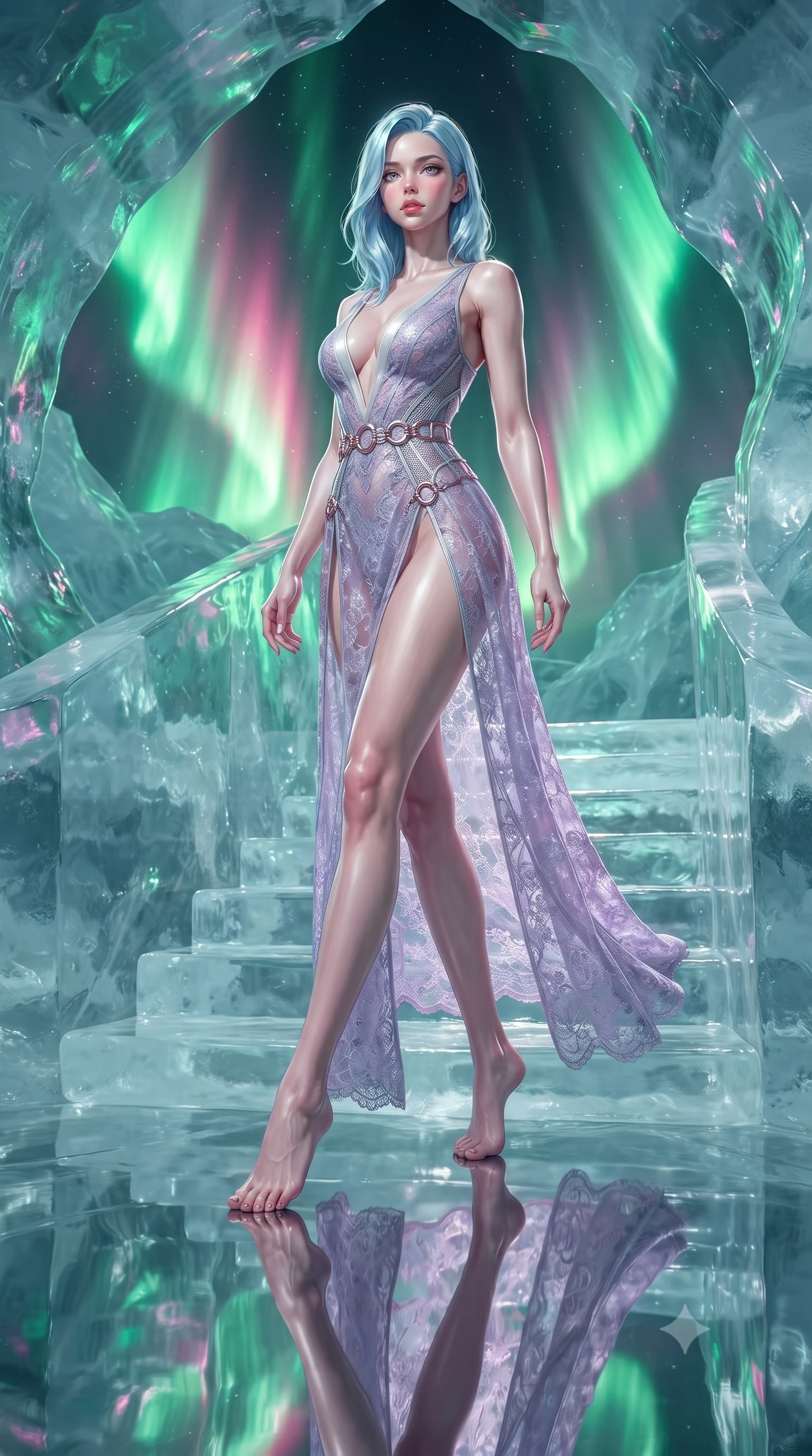 score_9, masterpiece, best quality, ultra-detailed, high-budget anime keyframe, editorial fashion photography, tasteful artistic composition, Korean woman. low angle full-body shot from head to toe showing her feet, filling the entire 9:16 vertical frame with her statuesque presence, stretching her vertical silhouette. stepping gracefully through the radiant environment, stretching her statuesque silhouette, ascending a translucent ice staircase beneath a swirling curtain of green and pink aurora rays, translucent glacial floor creating a crystal mirror reflection of her posture. She has an absolutely perfect, statuesque 8.5-heads proportion, an exceptionally tall and slender model-like female figure with impossibly long slender legs and an ultra-slim waist. sharp v-shaped jawline, high-bridge nose, intricate jewel-like eyes with depth, thick eyelashes, glossy lips with a natural sheen. wearing gothic nebula sheer lavender lace gown with plunging neckline in pearl white, made of fine silver contouring mesh, trimmed with rose-gold ring hardware along the waist contours, sculpting her athletic slender build with refined precision. lit by intense aurora key light cutting through clear translucent ice. ultra-reflective glossy finish, specular highlights, metallic sheen, high-contrast stereoscopic depth, volumetric dynamic lighting, 2k, ultra detail, master piece, 9:16 ratio
