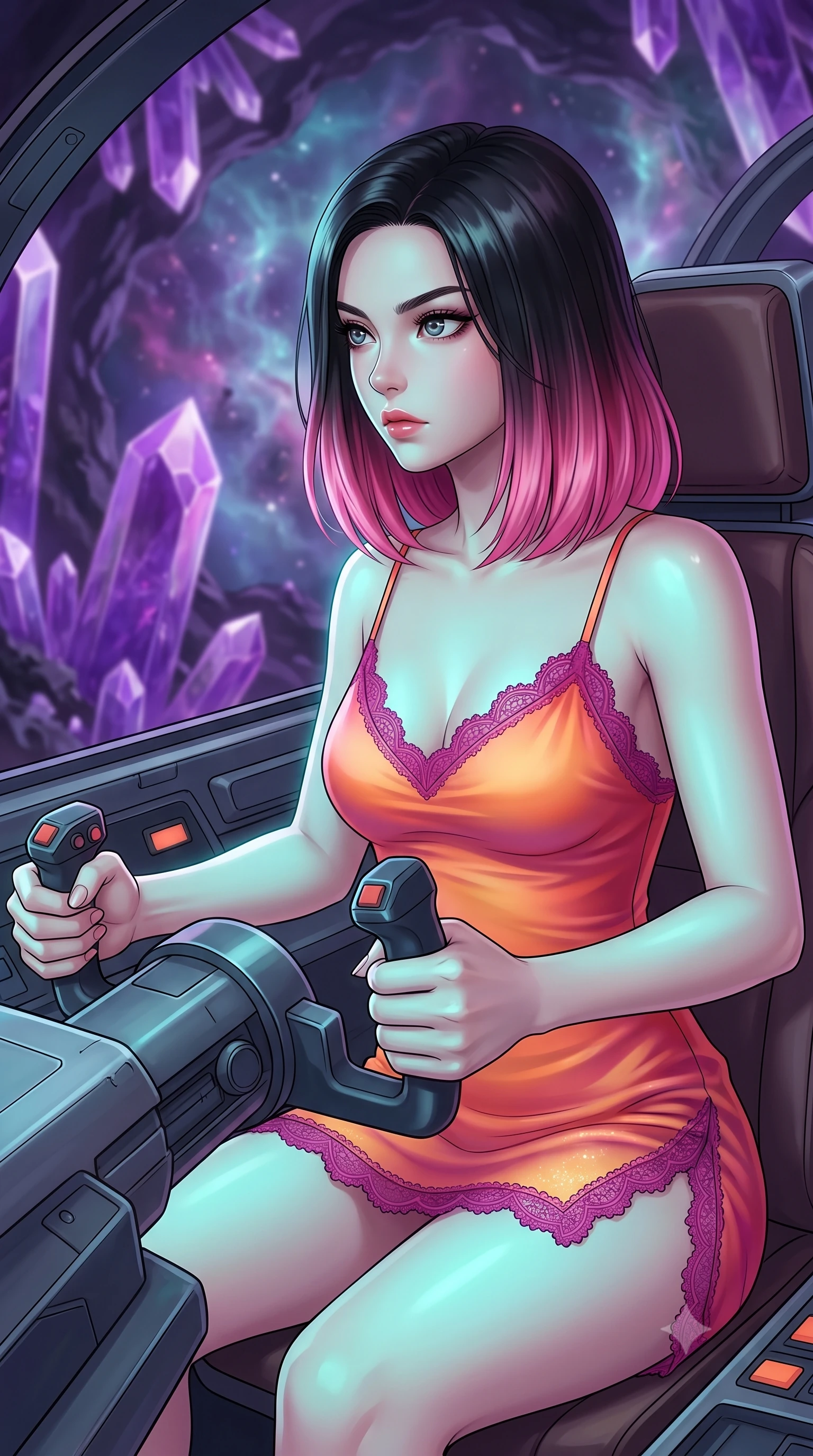 score_9, masterpiece, best quality, ultra-detailed, high-budget anime keyframe, editorial fashion photography, tasteful artistic composition, Korean woman. close-up cowboy shot from the waist and thighs up, the character dominates the composition, filling the frame with her large presence, background elements kept in soft focus. Piloting a starfighter through a tight asteroid gap, hands tight on the flight yoke, looking sharply left. set against a soft-focus background of deep inside a hollow asteroid lined with purple amethyst crystal columns, nebula gas filling the cavern. She has an exceptionally elegant and slender, willowy female figure with an ultra-slim waist, a gracefully sculpted slender torso, and a refined slim physique. sharp v-shaped jawline, high-bridge nose, intricate jewel-like eyes with depth, thick eyelashes, glossy lips with a natural sheen. wearing catching and diffusing the glowing particles, shimmering softly in response to the surrounding light, a slim-fit gossamer-thin silk slip dress in a sunset orange gradient, detailed with magenta lace-trimmed edges. highly saturated vibrant anime colors, intense vivid color palette, soft 3D volumetric shading, volumetric dynamic lighting, soft aqua bioluminescent light making her skin luminously glow against darkness. 2k, ultra detail, master piece, 9:16 ratio