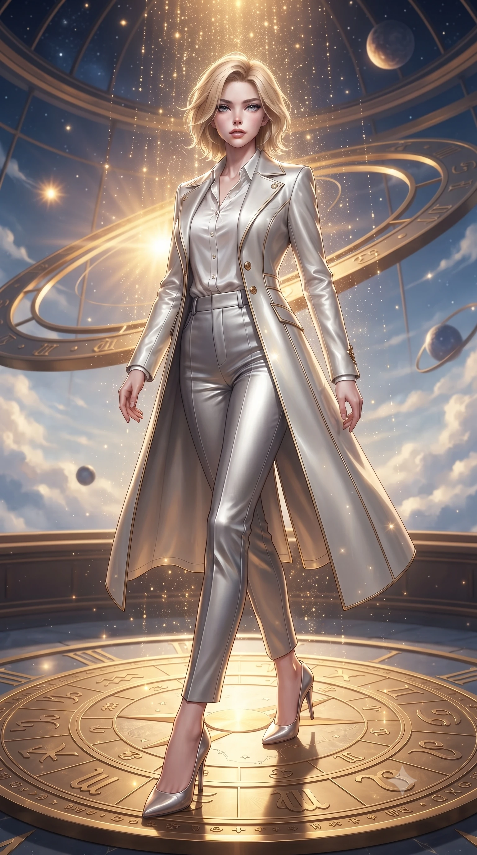 score_9, masterpiece, best quality, ultra-detailed, high-budget anime keyframe, editorial fashion photography, tasteful artistic composition, Caucasian woman. low angle full-body shot from head to toe showing her feet, filling the entire 9:16 vertical frame with her statuesque presence, stretching her vertical silhouette. navigating the celestial sanctuary with an effortless, graceful stride, standing on a massive rotating gold zodiac ring dial inside a sky observatory, starlight particles falling like a golden shower around her silhouette. She has an absolutely perfect, statuesque 8.5-heads proportion, an exceptionally tall and slender model-like female figure with impossibly long slender legs and an ultra-slim waist. sharp v-shaped jawline, high-bridge nose, intricate jewel-like eyes with depth, thick eyelashes, glossy lips with a natural sheen. wearing structured platinum leather long coat over white silk blouse and tailored slacks in metallic silver, made of high-gloss liquid pearl vinyl, finished with metallic gold boning and sleek zipper points, the fitted fabric emphasizing her ultra-slim waist. bathed in warm sunbursts filtering through floating orbital rings. ultra-reflective glossy finish, specular highlights, metallic sheen, high-contrast stereoscopic depth, volumetric dynamic lighting, 2k, ultra detail, master piece, 9:16 ratio