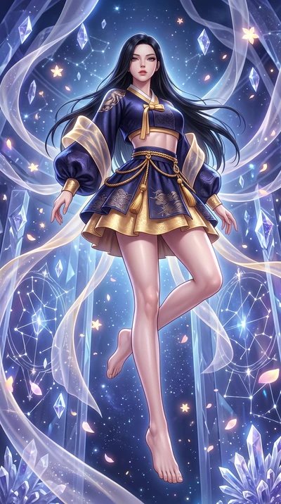 score_9, masterpiece, best quality, ultra-detailed, high-budget anime keyframe, semi-realistic 3D game render, editorial fashion photography, tasteful artistic composition, Korean woman. low angle full-body shot from head to toe showing her feet, fil