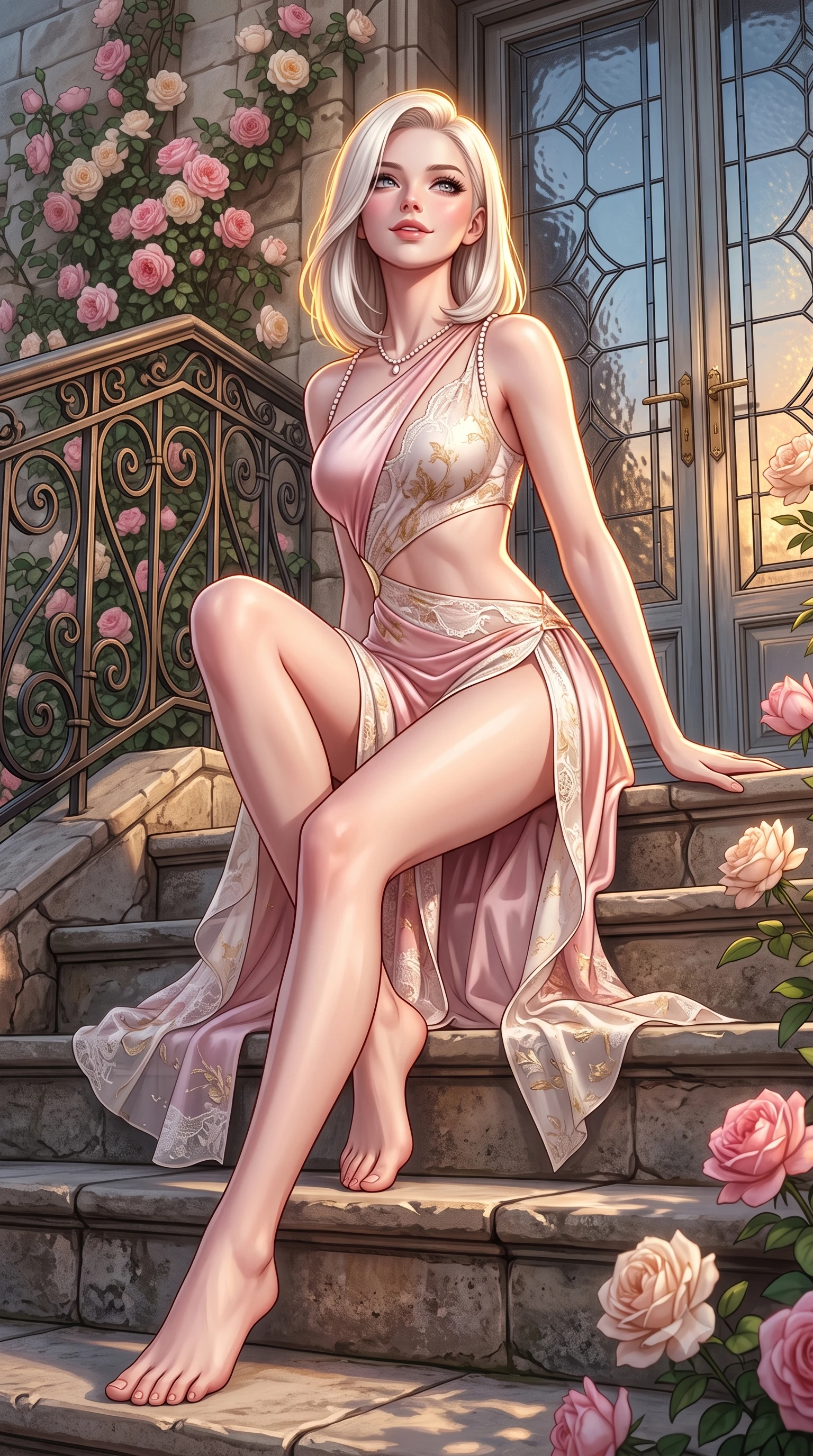 score_9, masterpiece, best quality, ultra-detailed, high-budget anime keyframe, semi-realistic 3D game render, editorial fashion photography, tasteful artistic composition, Caucasian woman. low angle full-body shot from head to toe showing her feet, filling the entire 9:16 vertical frame with her statuesque presence, stretching her vertical silhouette. sitting poised on the stone steps with one knee bent, arching her spine with supermodel elegance as she glances upward through thick eyelashes while twisting her slender torso in an alluring contrapposto stance, sunset breezes fluttering her sheer skirt around her long slender legs and curvy hips. The surrounding environment is rendered in vivid detail and crisp panoramic clarity: sharp wrought-iron scrollwork details, blooming David Austin rose petal textures, and leaded glass door frames in deep focus. She has an absolutely perfect, statuesque 8.5-heads proportion, an exceptionally tall and slender model-like female figure with impossibly long slender legs, an ultra-slim waist, a flat toned midriff, narrow delicate ribcage, and beautifully sculpted feminine hips creating a graceful, slim hourglass silhouette without any bulky heaviness. sharp v-shaped jawline, high-bridge nose, sparkling eyes with hypnotic seductive depth, thick curled eyelashes, glossy parted lips with a natural dewy peach sheen, alluring bedroom-eyes with an enchanting coquettish smile, exuding magnetic siren charisma and sophisticated glamour, flawlessly proportioned anatomical accuracy, strict slender model proportions, natural body alignment, perfectly sculpted long slender limbs, ultra-slim waistline, clean dynamic posture without body distortion. wearing an asymmetric one-shoulder liquid jersey nymph dress with dramatic hip-high slit and waist cutout in delicate blush peony pink and antique white lace with gold leaf, crafted from fluid liquid silk satin that clings smoothly to every curve with a dewy sheen, finished with a pearl-drop body harness subtly framing her dewy collarbones and spine, the form-contouring silhouette accentuating her sculpted flat midriff, narrow delicate ribcage, and gracefully curvy hips with intoxicating allure. illuminated by glass door reflections and sharp warm-gold rim lights sculpting her delicate clavicles, ultra-slim waist, and curvy hips. highly saturated vibrant anime colors, detailed shading with soft gradients, rich glossy textures, high-contrast stereoscopic depth, volumetric dynamic lighting, master piece, 9:16 ratio