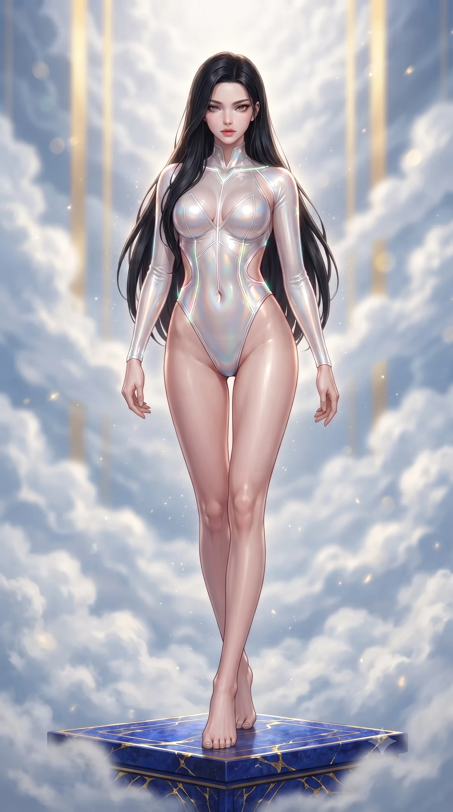 score_9, masterpiece, best quality, ultra-detailed, high-budget anime keyframe, editorial fashion photography, tasteful artistic composition, Korean woman. low angle full-body shot from head to toe showing her feet, filling the entire 9:16 vertical frame with her statuesque presence, stretching her vertical silhouette. striding forward in a proud, statuesque motion with a dangerous smolder, her vertical silhouette dominating the frame from head to toe while pivoting dynamically on an elevated lapis lazuli altar inlaid with pure gold veins as clouds drift beneath her feet. The composition keeps background elements in soft focus with creamy bokeh. billowing white cloud seas and vertical golden sunbeams blurred into radiant azure and gold bokeh. She has an absolutely perfect, statuesque 8.5-heads proportion, an exceptionally tall and slender model-like female figure with impossibly long slender legs, a toned flat midriff, and an ultra-slim waist. sharp v-shaped jawline, high-bridge nose, intricate jewel-like eyes with depth, thick eyelashes, glossy lips with a natural sheen, flawlessly proportioned anatomical accuracy, strict slender model proportions, natural body alignment, perfectly sculpted long slender limbs, ultra-slim waistline, clean dynamic posture without body distortion. wearing a high-cut translucent vinyl leotard with front paneling, exposed side-rib cutouts, and an open back in glistening liquid pearl white with rainbow opalescence, crafted from ultra-reflective second-skin latex with a high-gloss glass-like polish, accented with glowing fiber-optic seams tracing her collarbones and hip curves, the form-contouring material adhering flawlessly to her sculpted flat midriff and slender torso, emphasizing her long leg lines and perfectly proportioned willowy build. surrounded by a majestic, supreme, and radiantly sensual celestial sovereignty aura. ultra-reflective glossy finish, specular highlights, metallic sheen, high-contrast stereoscopic depth, volumetric dynamic lighting, 2k, ultra detail, master piece, 9:16 ratio
