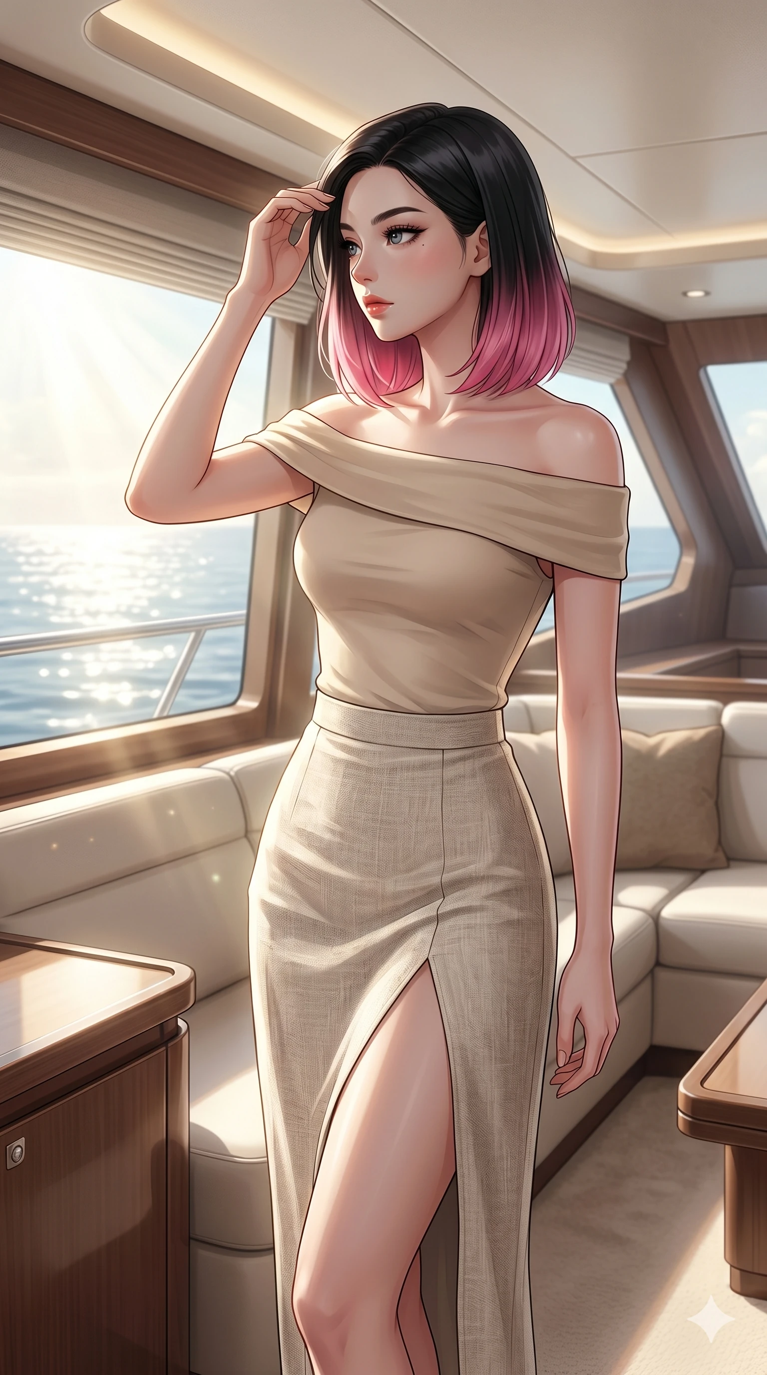 score_9, masterpiece, best quality, ultra-detailed, high-budget anime keyframe, editorial fashion photography, tasteful artistic composition, Korean woman. cowboy shot from the thighs up, character and outfit filling the frame for maximum editorial presence. wiping a lock of hair from her forehead, her expression cool and contemplative as she turns her head inside a private yacht cabin lounge with a large window showing the sunbeams reflecting off the ocean (Code-P099). She has an absolutely perfect 8-heads proportion, an exceptionally tall and slender female figure with impossibly long slender legs and an ultra-slim waist. V-shaped jawline, high-bridge nose, intricate jewel-like eyes with depth, thick eyelashes, glossy lips with a natural sheen. wearing a beige off-shoulder top showing her elegant clavicle lines, and a split linen skirt. bathed in soft morning sunbeams flowing into the room, creating a bright, glowing atmosphere. 2k, ultra detail, master piece, 9:16 ratio