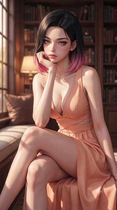 score_9, masterpiece, best quality, ultra-detailed, high-budget anime keyframe, editorial fashion photography, tasteful artistic composition, Korean woman woman. close-up cowboy shot from the waist and thighs up, the character dominates the compositi