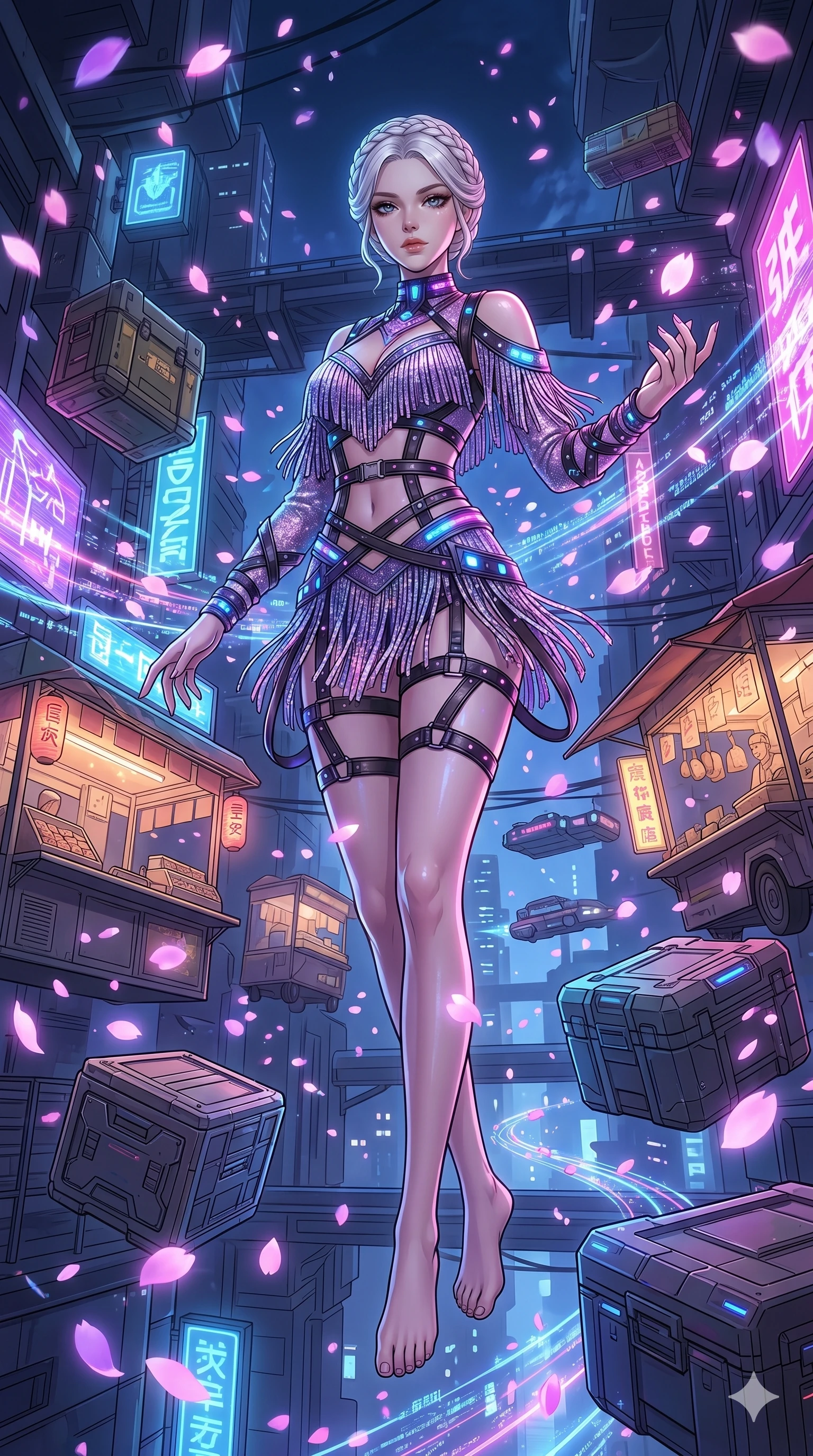 score_9, masterpiece, best quality, ultra-detailed, Set A: High-budget Anime Keyframe, Japanese woman. Low angle cowboy shot filling the entire 9:16 frame with her statuesque presence. Floating through a futuristic night market, as gravity fails and everything around her floats in state 76 and surrounded by digital sakura petals. She has an absolutely perfect 8-heads proportion, an exceptionally tall and slender female figure with impossibly long slender legs and an ultra-slim waist. Sharp v-shaped jawline, high-bridge nose, intricate jewel-like eyes with depth, thick eyelashes, glossy lips with a natural sheen. Wearing Cyberpunk idol stage outfit with glittery fringes, leather straps, and glowing LED accents. Cinematic lighting, vibrant colors, dramatic shadows, 2k, ultra detail, master piece, 9:16 ratio
