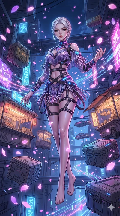 score_9, masterpiece, best quality, ultra-detailed, Set A: High-budget Anime Keyframe, Japanese woman. Low angle cowboy shot filling the entire 9:16 frame with her statuesque presence. Floating through a futuristic night market, as gravity fails and 
