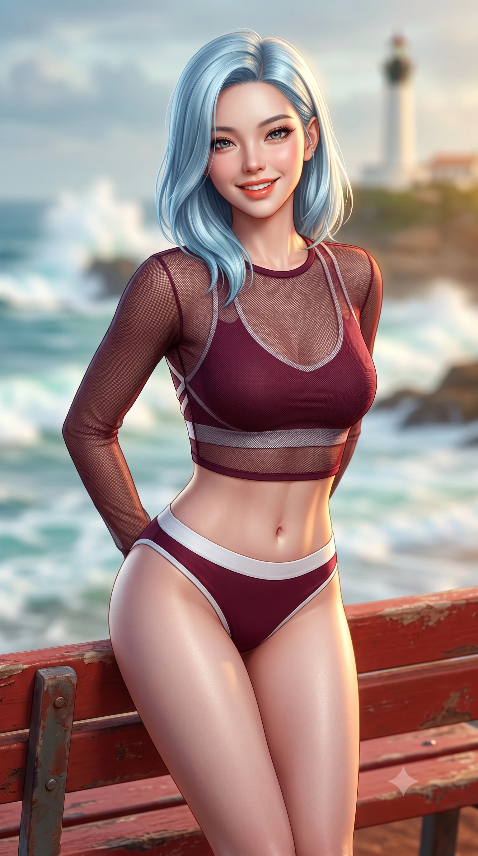 score_9, masterpiece, best quality, ultra-detailed, high-budget anime keyframe, semi-realistic 3D game render, editorial fashion photography, tasteful artistic composition, Korean woman. close-up cowboy shot from the waist and thighs up, the character dominates the composition, filling the frame with her large presence. resting both hands lightly behind her back while leaning toward the lens with a cheerful, teasing grin, her form-fitting athletic suit hugging her narrow waist and hip curve while leaning against the red clay court bench with hips cocked back, looking into the lens with an enchanting, wind-swept tennis smile. The background shows a soft-focus the dramatic rolling Atlantic surf breaking over coastal rocks and the historic Biarritz lighthouse blurred into seafoam, aquamarine, and amber bokeh. She has an exceptionally elegant, slender, and willowy female figure with an ultra-slim waist, flat toned midriff, narrow ribcage, and sculpted feminine hips creating an alluring, slim hourglass silhouette without bulk. sharp v-shaped jawline, high-bridge nose, sparkling eyes with athletic focus and depth, thick curled eyelashes, glossy parted lips with a natural coral-peach sheen, bright confident and coquettish smile with alluring bedroom-eyes, exuding both youthful sporty vigor and sovereign high-society glamour, flawlessly proportioned anatomical accuracy, strict slender model proportions, natural body alignment, perfectly sculpted long slender limbs, ultra-slim waistline, clean dynamic posture without body distortion. wearing a sheer athletic mesh long-sleeve crop top layered over an opaque racing bralette and high-cut tennis briefs in rich burgundy wine and crisp court white, crafted from sheer delicate stretch lace reinforced with technical sport threads, finished with criss-cross back athletic straps highlighting her graceful shoulder blades, the form-contouring athletic cut accentuating her sculpted flat midriff, narrow delicate ribcage, and gracefully curvy hips with supermodel precision. illuminated by ocean surf bounce fill and sharp warm-gold rim lights defining her razor-sharp jawline, narrow waist, and curvy hips. highly saturated vibrant anime colors, detailed shading with soft gradients, rich glossy textures, high-contrast stereoscopic depth, volumetric dynamic lighting, master piece, 9:16 ratio