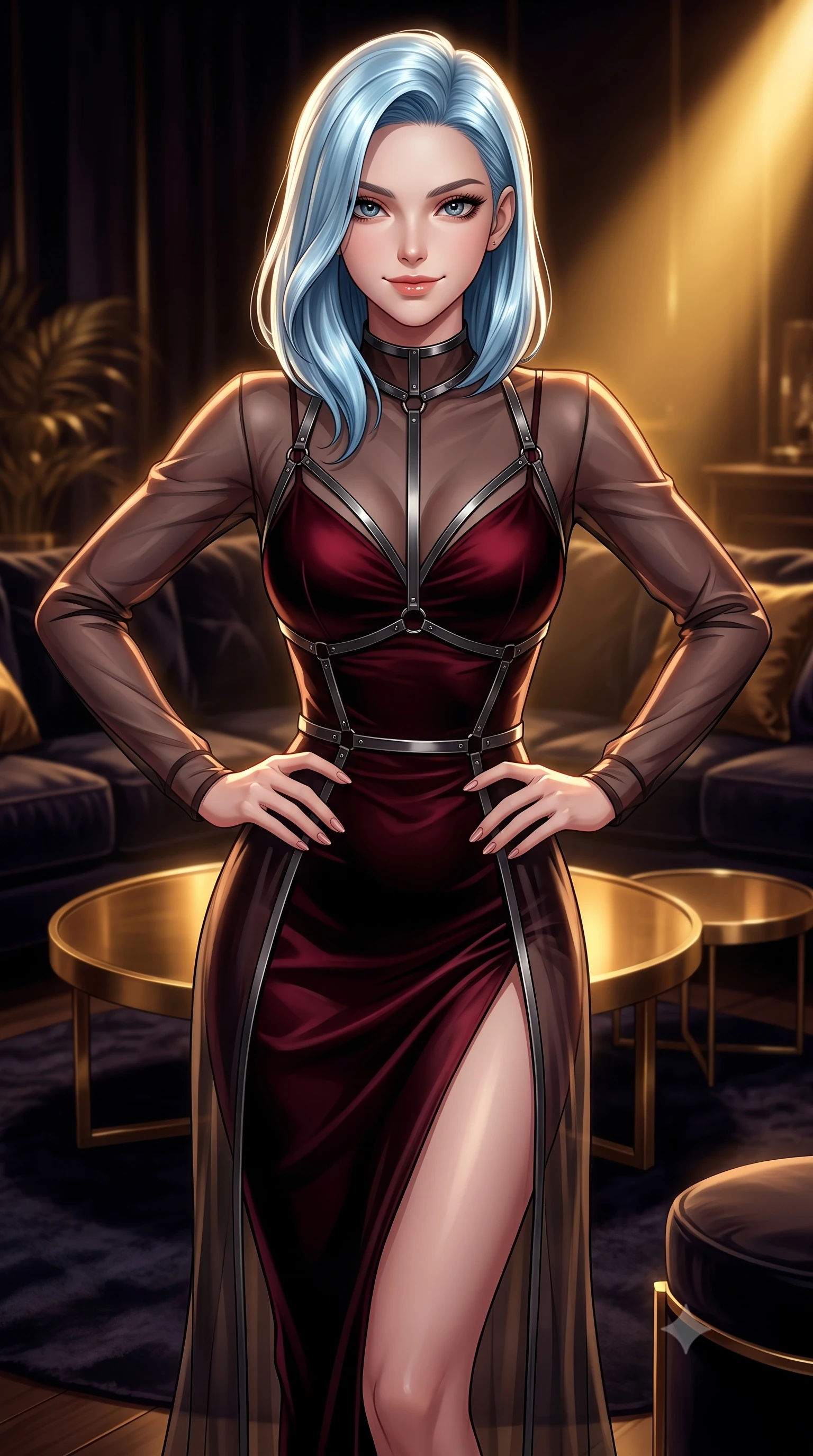 score_9, masterpiece, best quality, ultra-detailed, high-budget anime keyframe, editorial fashion photography, tasteful artistic composition, Korean woman. close-up cowboy shot from the waist and thighs up, the character dominates the composition, filling the frame with her large presence, background elements kept in soft focus. Smiling with quiet, magnetic self-assurance directly into the camera, poised on a dark velvet rug surrounded by low warm brass coffee tables, opulent high-fashion editorial aesthetic. She has an exceptionally elegant, slender, and willowy female figure with an ultra-slim waist, a gracefully sculpted slender torso, and a refined silhouette. sharp v-shaped jawline, high-bridge nose, intricate jewel-like eyes with depth, thick eyelashes, glossy lips with a natural sheen. wearing form-contouring dark crimson liquid silk long slip dress in pitch-black onyx, made of sheer dark organza overlay, highlighted by a gunmetal metallic harness structure, following her slender form with tailored precision. lit by intense golden spotlighting contrasting against dark velvet shadows. highly saturated vibrant anime colors, detailed shading with soft gradients, rich glossy textures, high-contrast stereoscopic depth, volumetric dynamic lighting, master piece, 9:16 ratio
