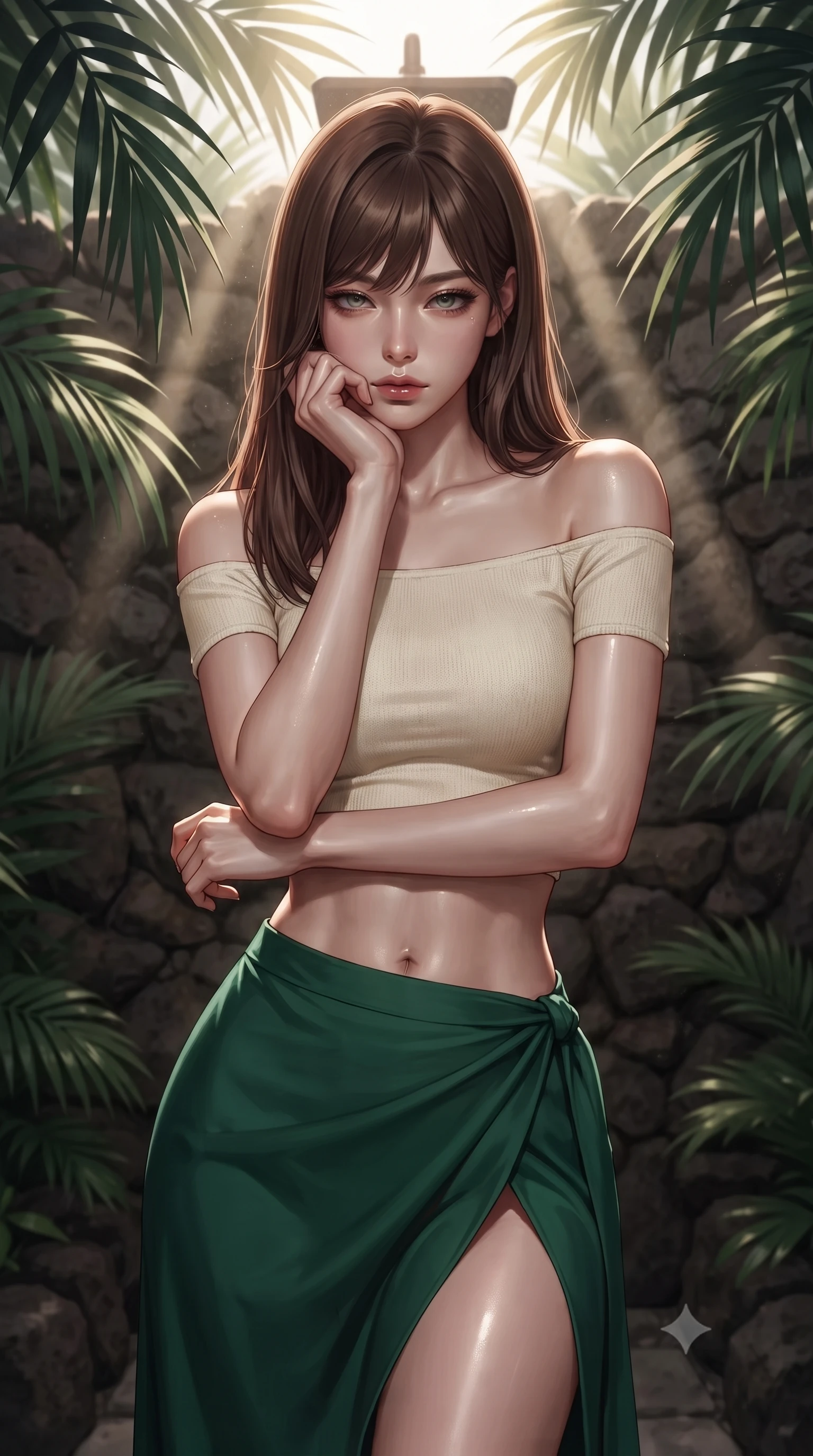 score_9, masterpiece, best quality, ultra-detailed, high-budget anime keyframe, editorial fashion photography, tasteful artistic composition, Korean woman woman. close-up cowboy shot from the waist and thighs up, the character dominates the composition, filling the frame with her large presence, background elements kept in soft focus. resting her chin on the backs of her fingers, casting a heavy-lidded, sultry look past the camera the background shows a soft-focus a private outdoor shower built of volcanic rocks, surrounded by large palm leaves. She has an exceptionally elegant, slender, and willowy female figure with an ultra-slim waist, a gracefully sculpted slender torso, and a refined silhouette. sharp v-shaped jawline, high-bridge nose, intricate jewel-like eyes with depth, thick eyelashes, glossy lips with a natural sheen. wearing a form-contouring cropped off-shoulder knit top in cream paired with a high-slit wrap skirt in emerald green. sun rays slicing through the palm fronds, creating dramatic volumetric shafts of light. ultra-reflective glossy finish, specular highlights, metallic sheen, high-contrast stereoscopic depth, volumetric dynamic lighting, 2k, ultra detail, master piece, 9:16 ratio