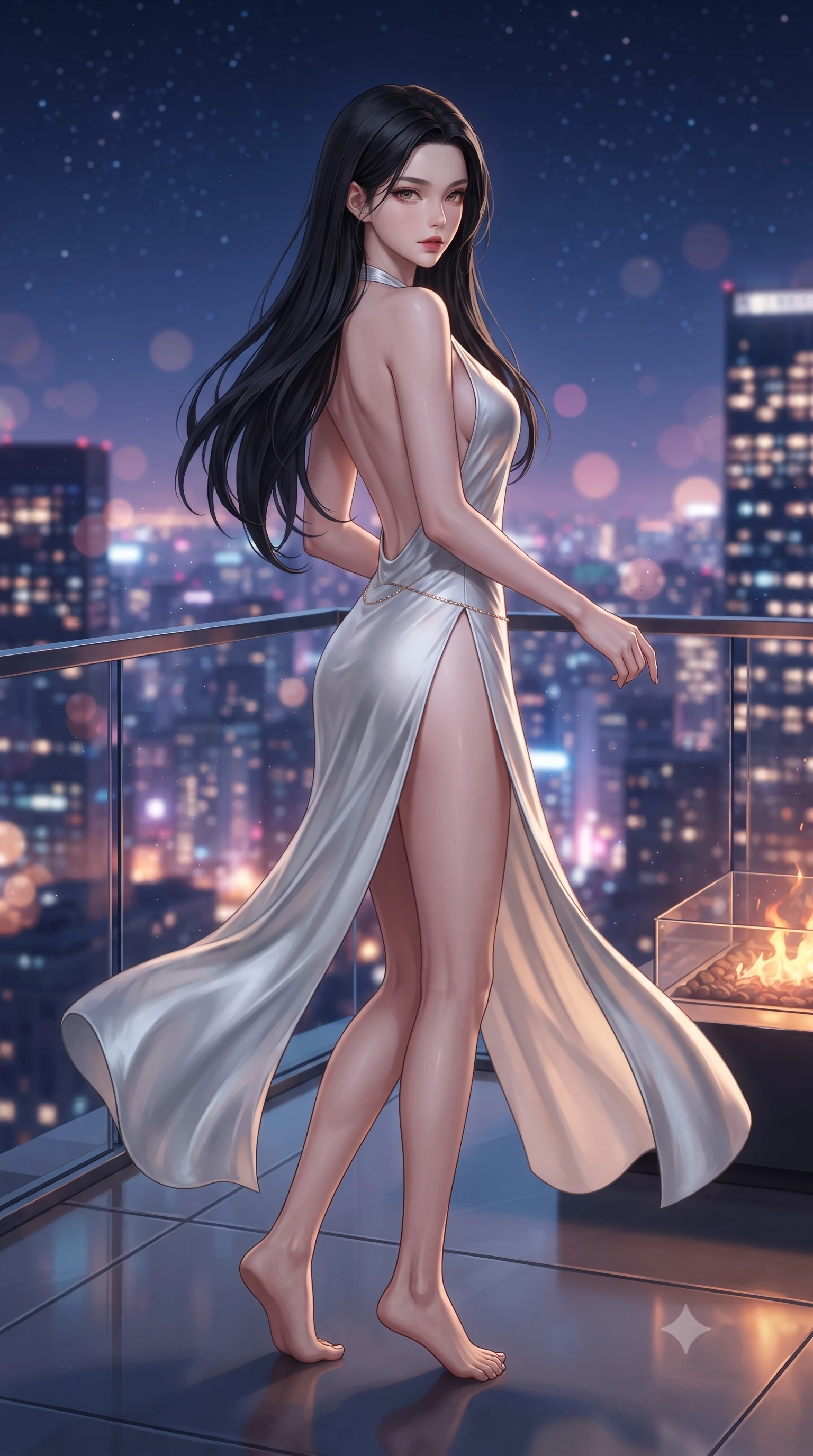 score_9, masterpiece, best quality, ultra-detailed, high-budget anime keyframe, editorial fashion photography, tasteful artistic composition, Korean woman. low angle full-body shot from head to toe showing her feet, filling the entire 9:16 vertical frame with her statuesque presence, stretching her vertical silhouette. executing an elegant mid-motion pivot turn as garments swirl around her slender limbs, glancing over her shoulder with an intoxicating bedroom-gaze while leaning against the seamless glass balcony barrier overlooking a 360-degree glittering city skyline, hips cocked back in a seductive S-curve as she looks over her shoulder. The composition keeps background elements in soft focus with creamy bokeh. sprawling metropolis skyscraper light grids and starry midnight skies blurred into deep sapphire, magenta, and champagne-gold bokeh. She has an absolutely perfect, statuesque 8.5-heads proportion, an exceptionally tall and slender model-like female figure with impossibly long slender legs, a toned flat midriff, an ultra-slim waist, and beautifully sculpted feminine hips. sharp v-shaped jawline, high-bridge nose, intricate jewel-like eyes with depth, thick eyelashes, glossy parted lips with a natural sheen, intensely captivating and seductive bedroom-eyes expression, flawlessly proportioned anatomical accuracy, strict slender model proportions, natural body alignment, perfectly sculpted long slender limbs, ultra-slim waistline, clean dynamic posture without body distortion. wearing a halter-neck liquid metallic gown with open side slits ascending to the high hip in pristine arctic white and metallic silver, tailored from liquid silk jersey adhering flawlessly to her slender build, complemented by a delicate gold hip chain catching the ambient city reflections, the dramatically scooped open back descending to the base of her spine, accentuating her razor-sharp statuesque lines and curvy hourglass silhouette. bathed in twilight indigo sky tones and warm amber rooftop fire pit glow. ultra-reflective glossy finish, specular highlights, rich textural contrasts, high-contrast stereoscopic depth, volumetric dynamic lighting, 2k, ultra detail, master piece, 9:16 ratio