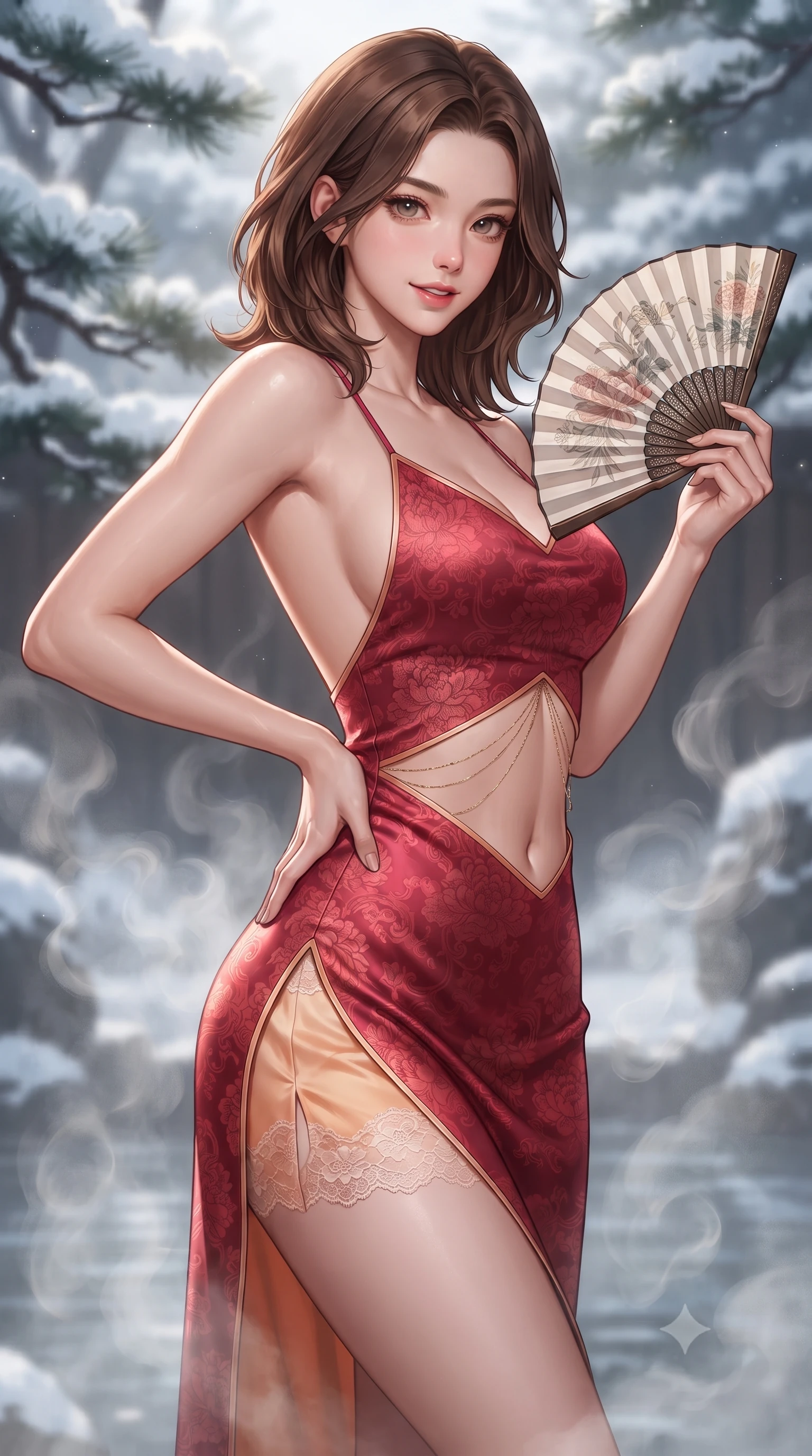 score_9, masterpiece, best quality, ultra-detailed, high-budget anime keyframe, editorial fashion photography, tasteful artistic composition, Korean woman. close-up cowboy shot from the waist and thighs up, the character dominates the composition, filling the frame with her large presence. twisting her slender torso in an alluring contrapposto stance, one hand resting on her sculpted hip while holding a traditional silk folding fan with effortless poise while twisting her slender torso in an alluring contrapposto stance, rising mineral steam curling around her flat midriff and rounded feminine hips. The background shows a soft-focus curling thermal onsen steam veils and snow-laden pine branches softened in luxurious Japanese mountain shallow focus. She has an exceptionally elegant, slender, and willowy female figure with an ultra-slim waist, flat toned midriff, narrow ribcage, and sculpted feminine hips creating an alluring, slim hourglass silhouette without bulk. sharp v-shaped jawline, high-bridge nose, intricate jewel-like dark sparkling almond eyes with depth, thick lashes, glossy parted lips with a natural rose-plum sheen, bright alluring and coquettish smile with bedroom-eyes, exuding both timeless oriental elegance and sovereign high-fashion allure, flawlessly proportioned anatomical accuracy, strict slender model proportions, natural body alignment, perfectly sculpted long slender limbs, ultra-slim waistline, clean dynamic posture without body distortion. wearing a backless crimson silk slip dress with oriental peony jacquard and a side hip slit ascending to the high waist in warm peach apricot and soft vanilla silk, woven from delicate semi-opaque floral lace with oriental peony patterns, accented with a delicate gold body chain draping loosely across her flat midriff, the high-waisted wrap tailoring accentuating her ultra-slim waistline and the enchanting curve of her feminine hips with alluring oriental charm. illuminated by hot spring water caustics and sharp platinum rim lights carving her razor-sharp jawline, narrow waist, and curvy hips. ultra-reflective glossy finish, specular highlights, rich textural contrasts, high-contrast stereoscopic depth, volumetric dynamic lighting, 2k, ultra detail, master piece, 9:16 ratio