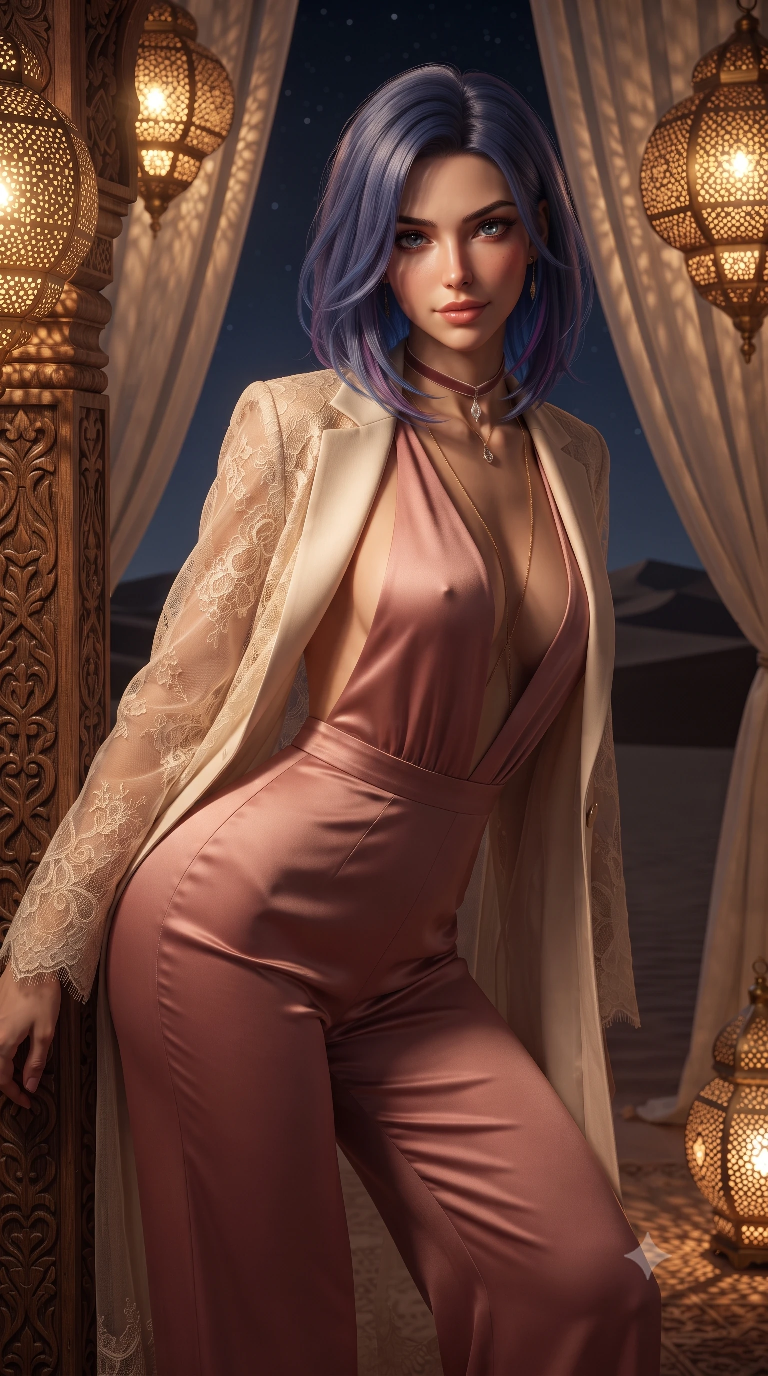 score_9, masterpiece, best quality, ultra-detailed, high-budget anime keyframe, editorial fashion photography, tasteful artistic composition, Caucasian woman. close-up cowboy shot from the waist and thighs up, the character dominates the composition, filling the frame with her large presence. leaning forward while arching her lower back to accentuate her curvy hips, looking into the camera with an intoxicating smoldering gaze and bedroom-eyes while leaning against the carved teak cabana pillar with hips cocked back, looking through billowing linen curtains into the desert night with smoldering eyes. The surrounding environment is rendered in vivid detail and crisp panoramic clarity: detailed backless plunge-front silk jumpsuit tailoring, gold body chain shine, and bespoke cabana woodwork in high resolution. She has an exceptionally elegant, slender, and willowy female figure with an ultra-slim waist, flat toned midriff, narrow ribcage, and sculpted feminine hips creating an alluring, slim hourglass silhouette without bulk. sharp v-shaped jawline, high-bridge nose, sparkling eyes with hypnotic seductive depth, thick curled eyelashes, glossy parted lips with a natural dewy peach sheen, alluring bedroom-eyes with an enchanting coquettish smile, exuding magnetic siren charisma and sophisticated glamour, flawlessly proportioned anatomical accuracy, strict slender model proportions, natural body alignment, perfectly sculpted long slender limbs, ultra-slim waistline, clean dynamic posture without body distortion. wearing a delicate sheer French Chantilly lace teddy layered under an open tailored tuxedo blazer draped over bare shoulders in dusky blush pink and warm ivory lace, made of sheer gossamer chiffon that drapes softly against skin with airy translucence, finished with a thin velvet ribbon choker and a single teardrop diamond pendant, the liquid-tight tailored fabric clinging flawlessly to her narrow waist and rounded feminine hips, emphasizing every millimeter of her sculpted slim hourglass curves without any bulky heaviness. bathed in warm 2200K amber glow filtering through perforated brass lanterns creating intricate geometric shadow patterns. ultra-reflective glossy finish, specular highlights, rich textural contrasts, high-contrast stereoscopic depth, volumetric dynamic lighting, 2k, ultra detail, master piece, 9:16 ratio
