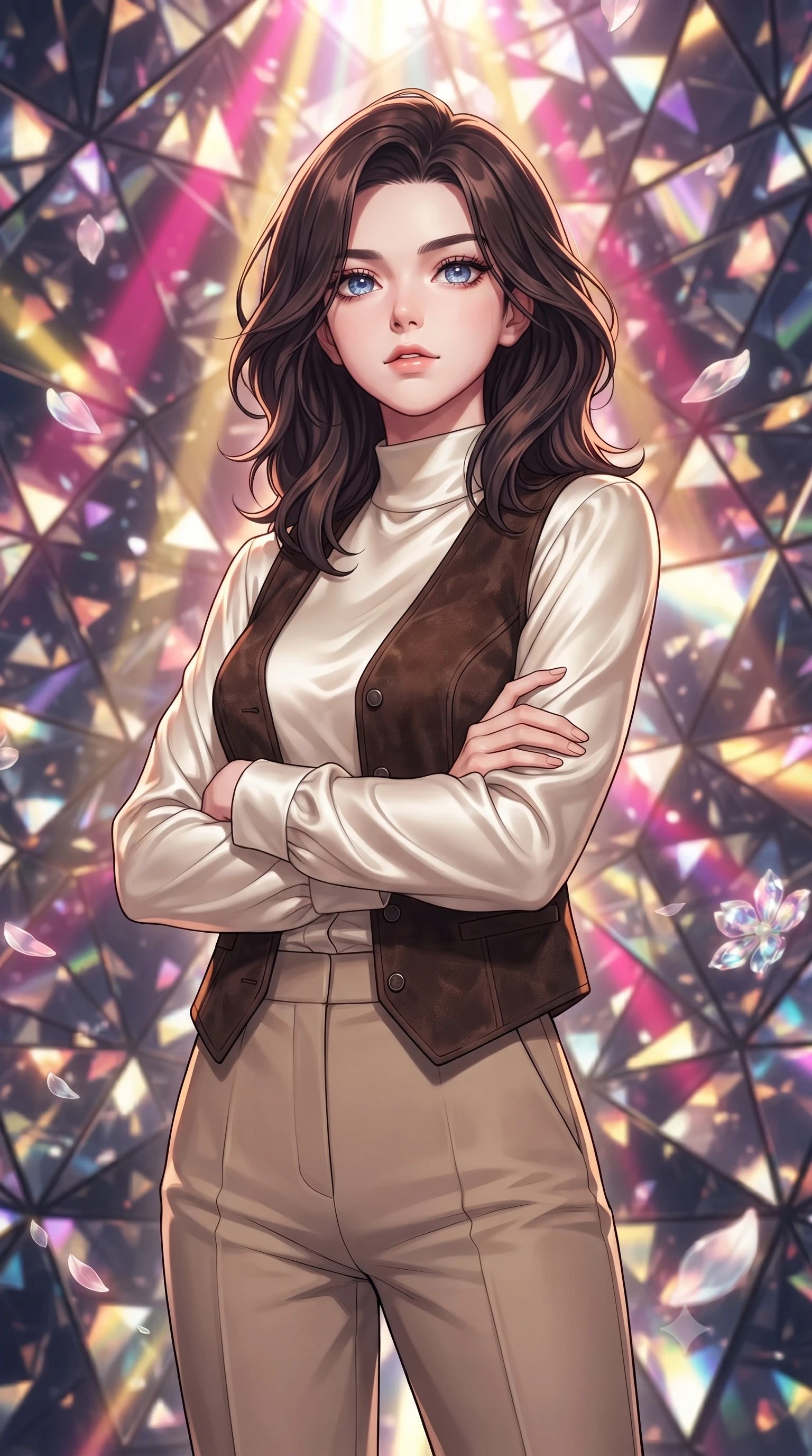 score_9, masterpiece, best quality, ultra-detailed, high-budget anime keyframe, gorgeous anime illustration, with clean line-art, distinct ink outlines, and high-contrast stereoscopic depth, Korean woman. close-up cowboy shot from the waist and thighs up, the character dominates the composition, filling the frame with her large presence, background elements kept in soft focus. Crossing her arms with serene confidence and chin slightly raised. set against a soft-focus background of inside a chamber where the walls are made of triangular mirrors that rotate, creating a giant kaleidoscope effect, with floating glass flower petals forming mandala patterns in the air. She has an exceptionally elegant and slender, willowy female figure with an ultra-slim waist, a gracefully sculpted slender torso, and a refined slim physique. sharp v-shaped jawline, high-bridge nose, intricate jewel-like eyes with depth, thick eyelashes, glossy lips with a natural sheen. wearing a high-neck ivory silk blouse under a dark brown suede vest, paired with beige tailored trousers. infinite reflections of colorful light beams (magenta, gold, violet) bouncing off the mirror walls, creating a dazzling rim light. 2k, ultra detail, master piece, 9:16 ratio, highly saturated vibrant anime colors, detailed cel-shading with soft gradients, rich glossy textures, deep contrast, volumetric dynamic lighting, 2d animation style