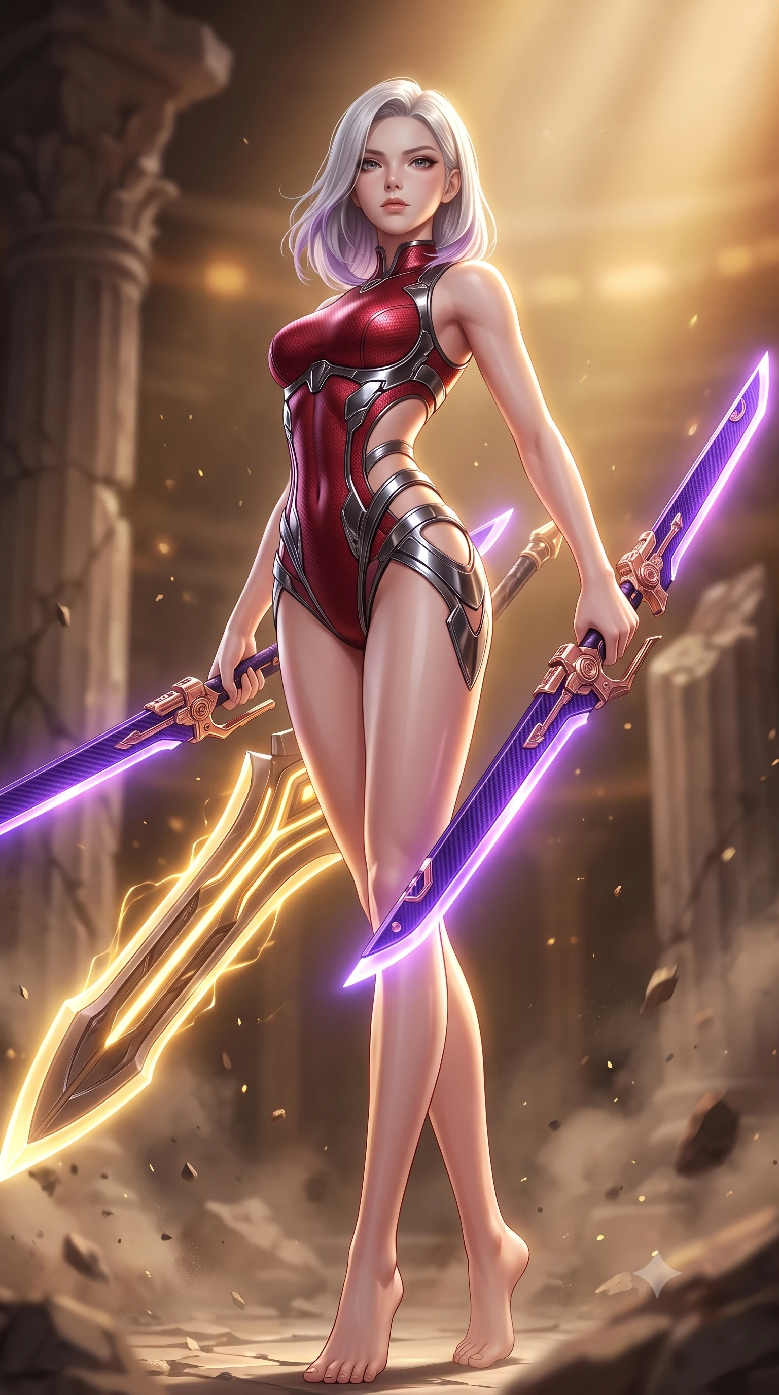 score_9, masterpiece, best quality, ultra-detailed, high-budget anime keyframe, semi-realistic 3D game render, editorial fashion photography, tasteful artistic composition, Caucasian woman. low angle full-body shot from head to toe showing her feet, filling the entire 9:16 vertical frame with her statuesque presence, stretching her vertical silhouette. arching her spine in a fluid zero-gravity combat turn with sovereign grace, her long slender legs and sculpted torso creating a sweeping line of power while arching her spine in a fluid motion as glowing golden energy channels along the broad blade illuminate her sculpted torso. The composition keeps background elements in soft focus with creamy bokeh. shattered arena pillars and rising dust motes softened in dramatic shallow depth of field. She has an absolutely perfect, statuesque 8.5-heads proportion, an exceptionally tall and slender model-like female figure with impossibly long slender legs, a toned flat midriff, and an ultra-slim waist. sharp v-shaped jawline, high-bridge nose, intricate jewel-like eyes with depth, thick eyelashes, glossy lips with a natural sheen, flawlessly proportioned anatomical accuracy, strict slender model proportions, natural body alignment, perfectly sculpted long slender limbs, ultra-slim waistline, clean dynamic posture without body distortion. wearing a skin-tight crimson carbon-weave combat leotard with metallic dark chrome plating and hip-accentuating cutouts, holding twin glowing high-frequency vibro-blades with effortless supermodel poise in royal purple carbon fiber with rose-gold hardware and clasps, formed from high-gloss patent carbon-plating with specular chiaroscuro reflections, finished with high-mobility articulation joints and miniature magnetic armor locks, the form-contouring material adhering flawlessly to her sculpted flat midriff and slender torso, emphasizing her long leg lines and perfectly proportioned willowy build. bathed in warm golden arena searchlights and glowing greatsword energy channel radiance. rich saturated anime colors with glowing neon highlights, detailed shading with soft gradients, rich glossy textures, high-contrast stereoscopic depth, volumetric dynamic lighting, master piece, 9:16 ratio