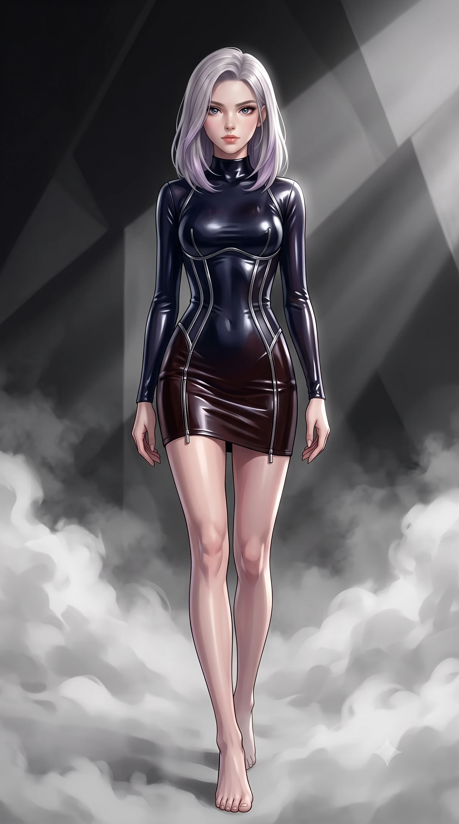score_9, masterpiece, best quality, ultra-detailed, high-budget anime keyframe, editorial fashion photography, tasteful artistic composition, Caucasian woman. low angle full-body shot from head to toe showing her feet, filling the entire 9:16 vertical frame with her statuesque presence, stretching her vertical silhouette. forging confidently through the floating mist, holding a poised statuesque stance, looking composedly past the camera with quiet, sharp artistic focus, high-art editorial framing with timeless luxury appeal. She has an absolutely perfect, statuesque 8.5-heads proportion, an exceptionally tall and slender model-like female figure with impossibly long slender legs and an ultra-slim waist. sharp v-shaped jawline, high-bridge nose, intricate jewel-like eyes with depth, thick eyelashes, glossy lips with a natural sheen. wearing glove-like fit dark navy latex bodycon mini dress in dark mahogany, made of sculpted obsidian metallic chrome, finished with metallic silver boning and sleek zipper points, accentuating her gracefully sculpted slender torso. bathed in high-contrast black-and-white chiaroscuro with sharp key rays. highly saturated vibrant anime colors, detailed shading with soft gradients, rich glossy textures, high-contrast stereoscopic depth, volumetric dynamic lighting, master piece, 9:16 ratio