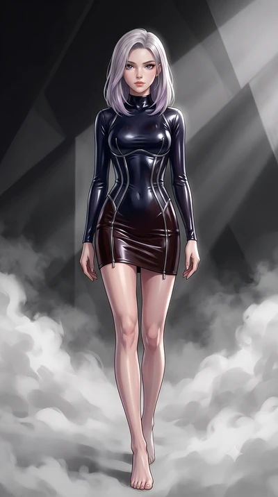 score_9, masterpiece, best quality, ultra-detailed, high-budget anime keyframe, editorial fashion photography, tasteful artistic composition, Caucasian woman. low angle full-body shot from head to toe showing her feet, filling the entire 9:16 vertica