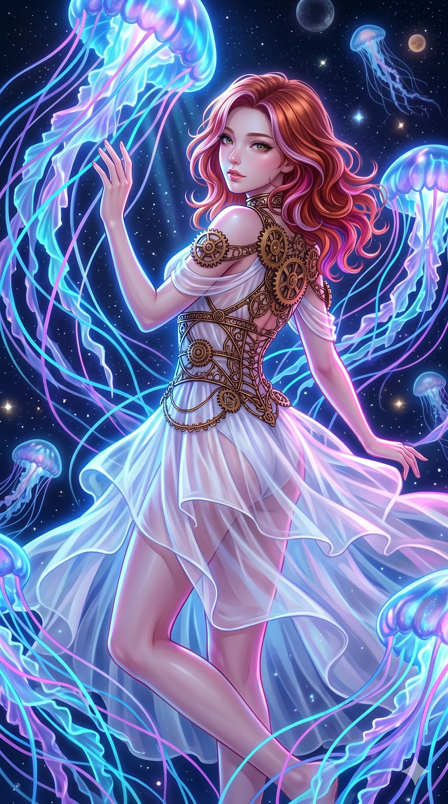 score_9, masterpiece, best quality, ultra-detailed, high-budget anime keyframe, Japanese woman. upper body close-up from the thighs up, character filling the screen for maximum presence. swirling gracefully among the glowing ribbon-like tentacles of giant bioluminescent jellyfish floating in a starry sky garden. She has an absolutely perfect 8-heads proportion, an exceptionally tall and slender female figure with impossibly long slender legs and an ultra-slim waist. V-shaped jawline, high-bridge nose, intricate jewel-like eyes with depth, thick eyelashes, glossy lips with a natural sheen.. wearing a chrono-gear wire harness couture, featuring micro-bronze gear wire harness cinching her waist, over a sheer white organza dress. bathed in brilliant cinematic volumetric lighting and intense neon rim light highlighting her slender form. 2k, ultra detail, master piece, 9:16 ratio